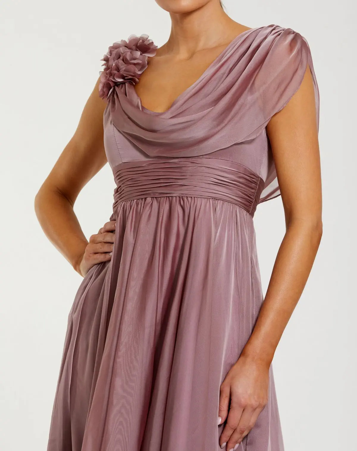 Pink Chiffon Cowl Neck Dress With 3D Flowers-Myartka