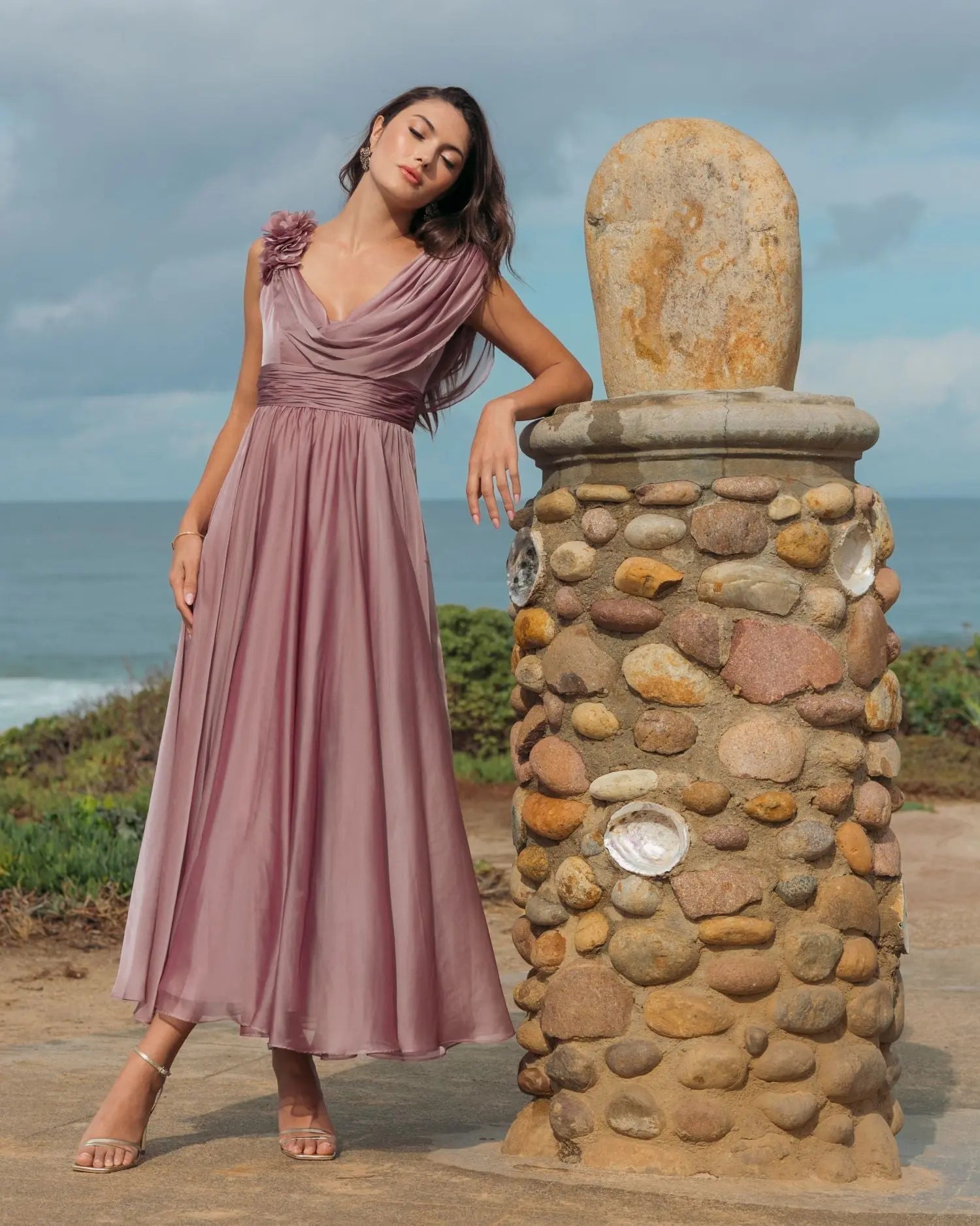 Pink Chiffon Cowl Neck Dress With 3D Flowers-Myartka
