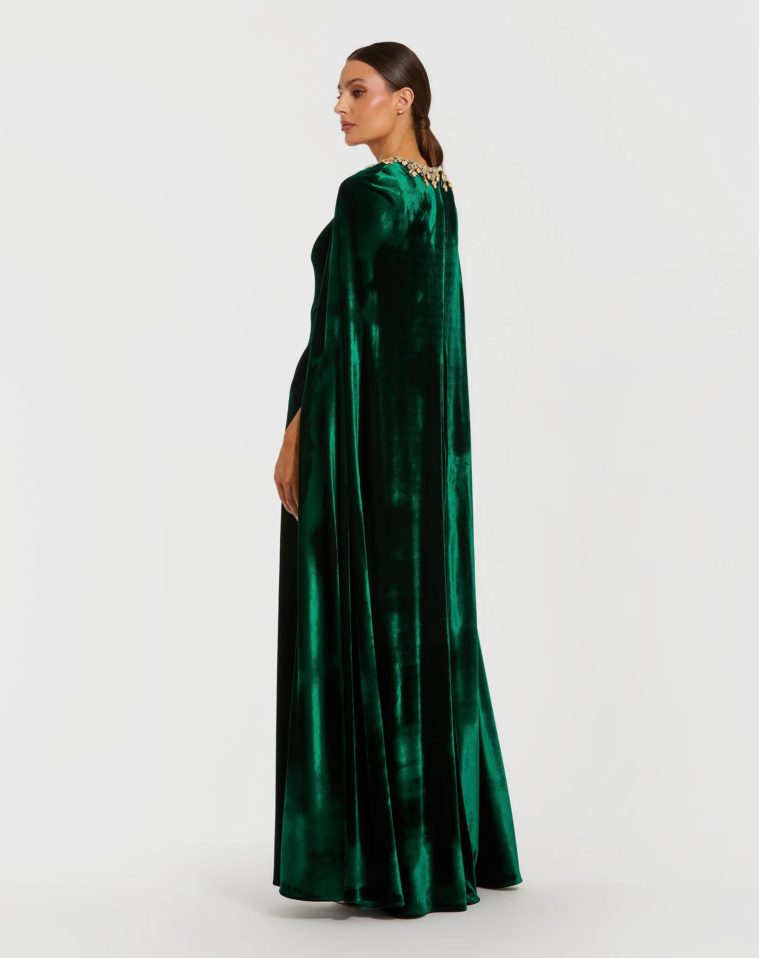 Dark Green Velvet Cape Gown With Embellished Neckline-Myartka