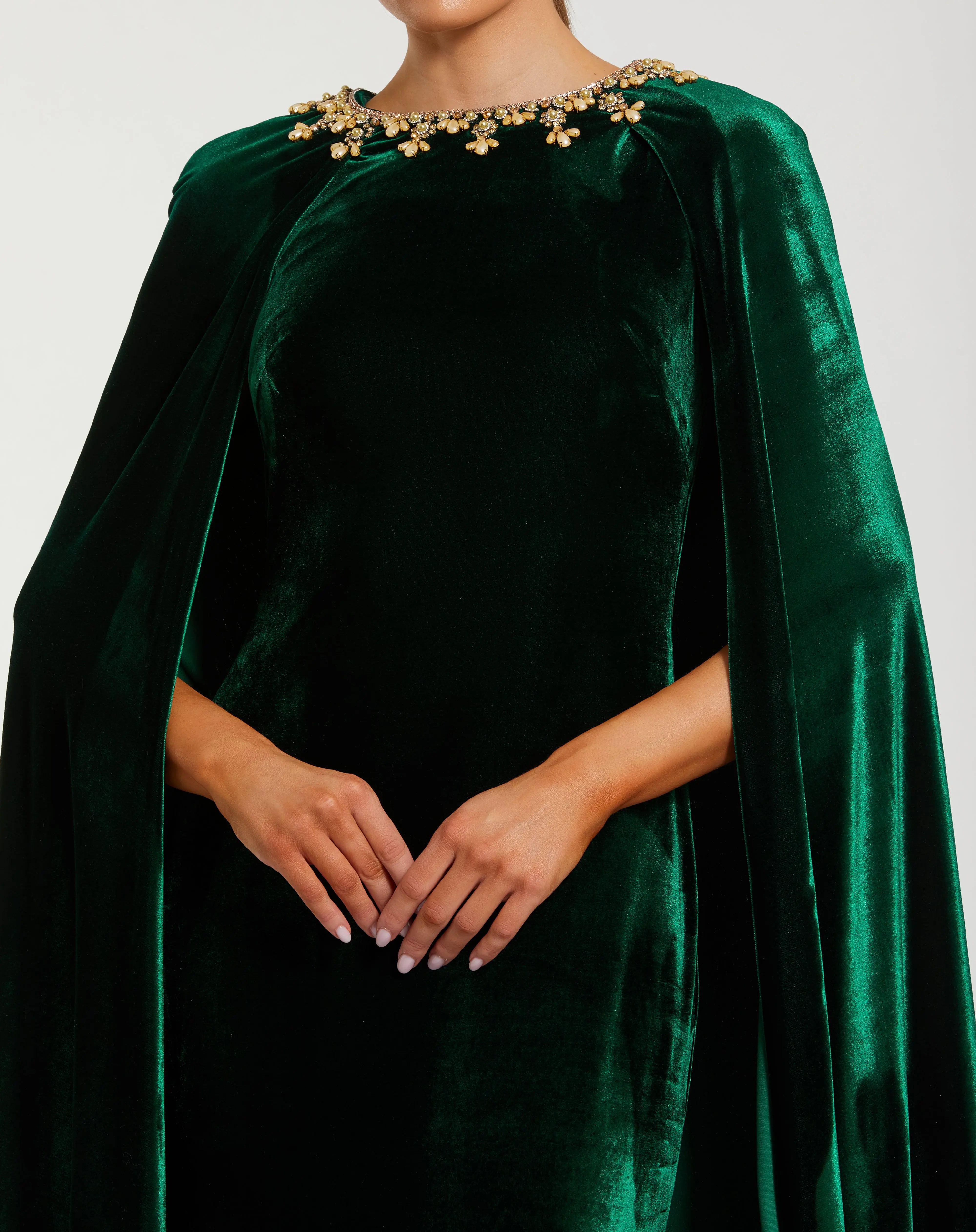 Dark Green Velvet Cape Gown With Embellished Neckline-Myartka