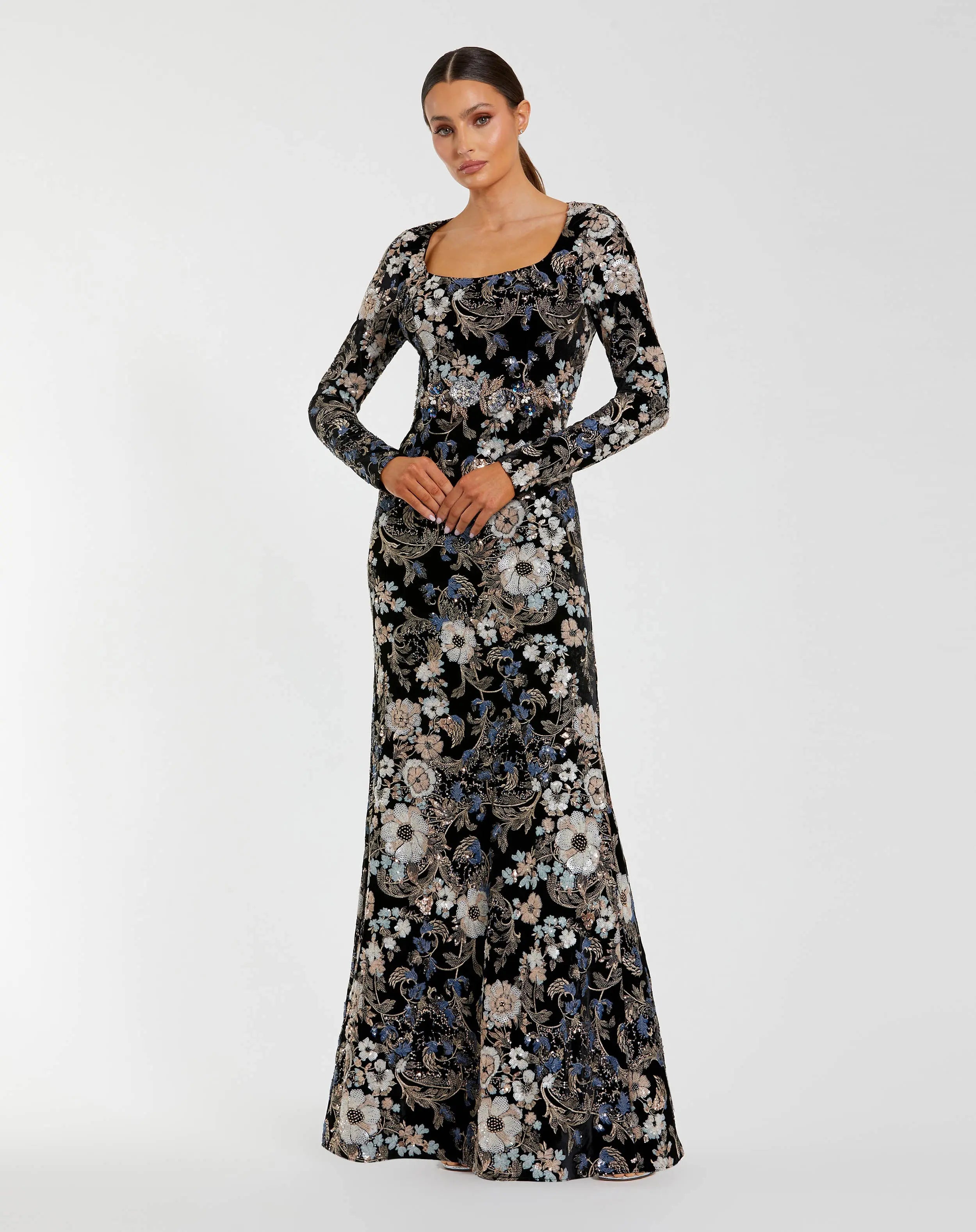 Black Floral Embroidered Velvet Evening Gown-Myartka