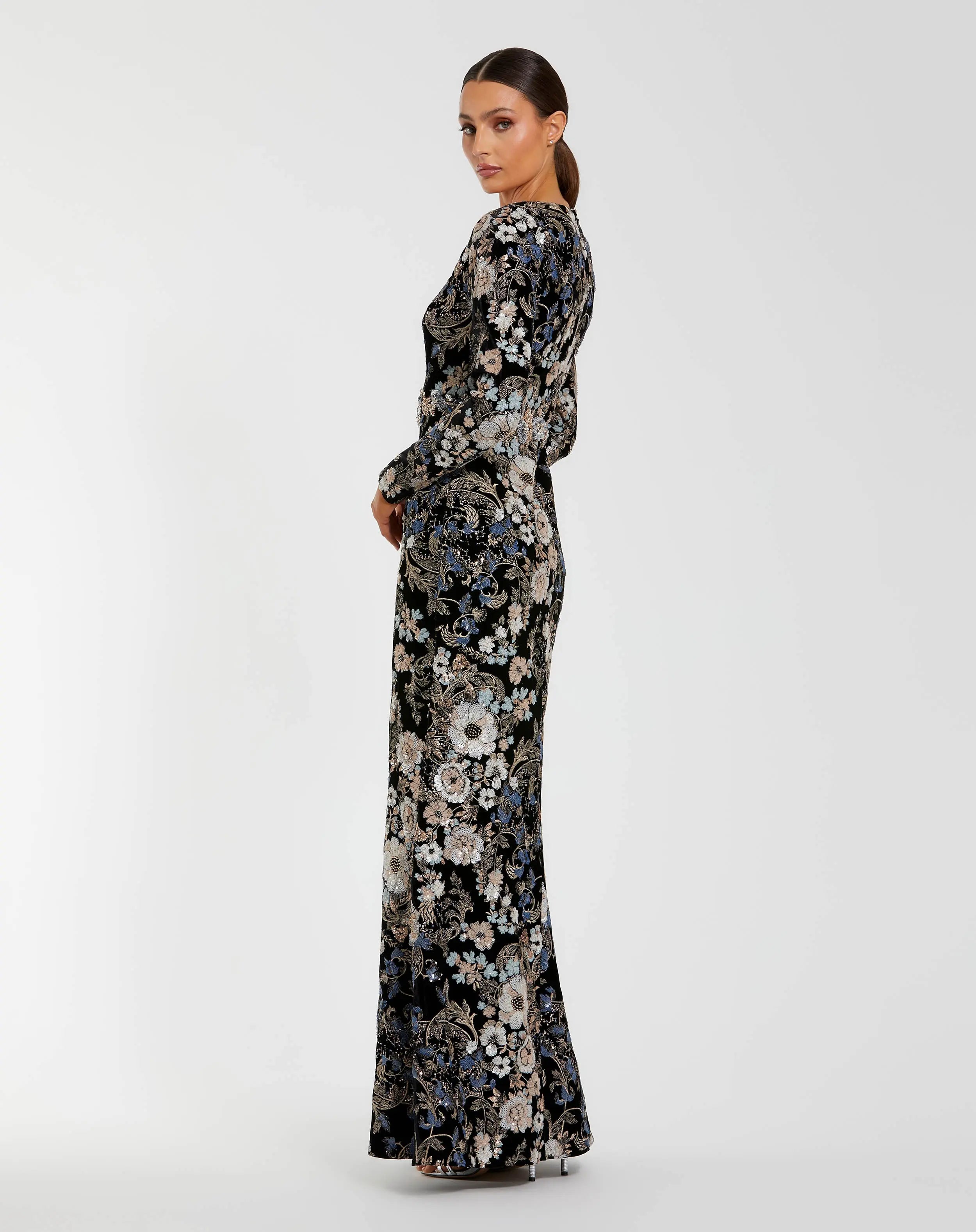 Black Floral Embroidered Velvet Evening Gown-Myartka