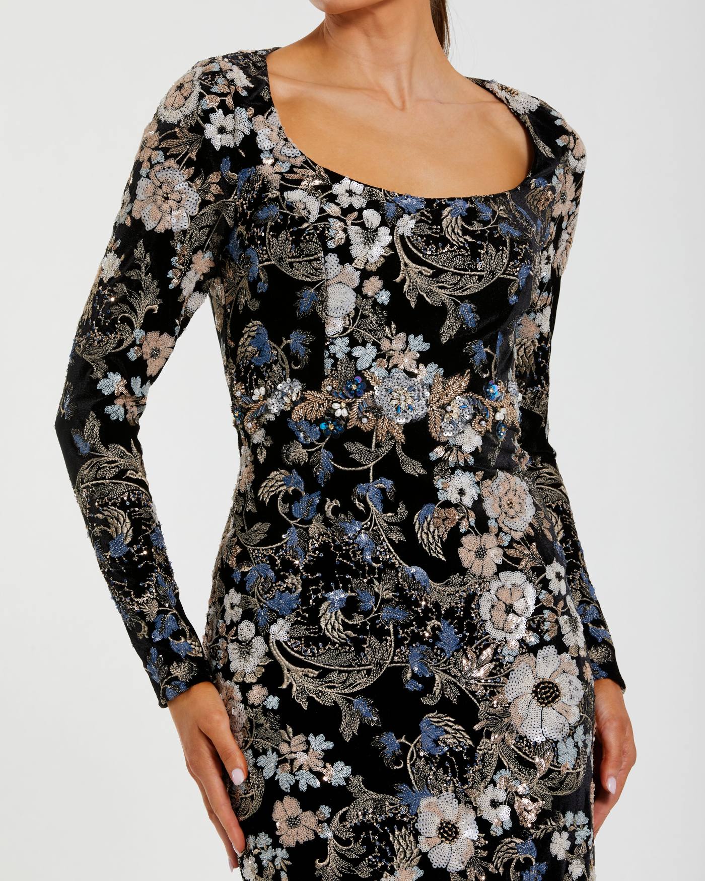 Black Floral Embroidered Velvet Evening Gown-Myartka