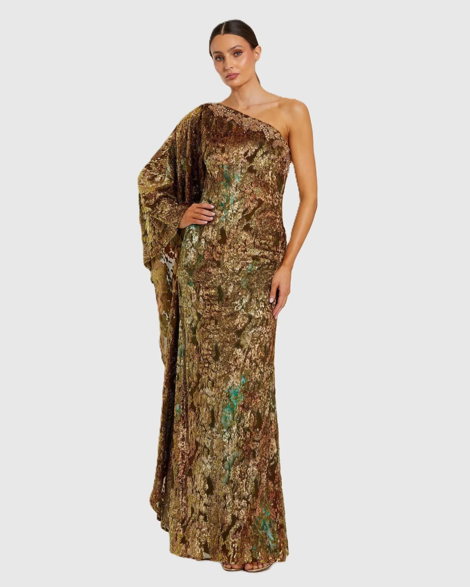 Gold One Shoulder Metallic Burnout Velvet Evening Gown-Myartka