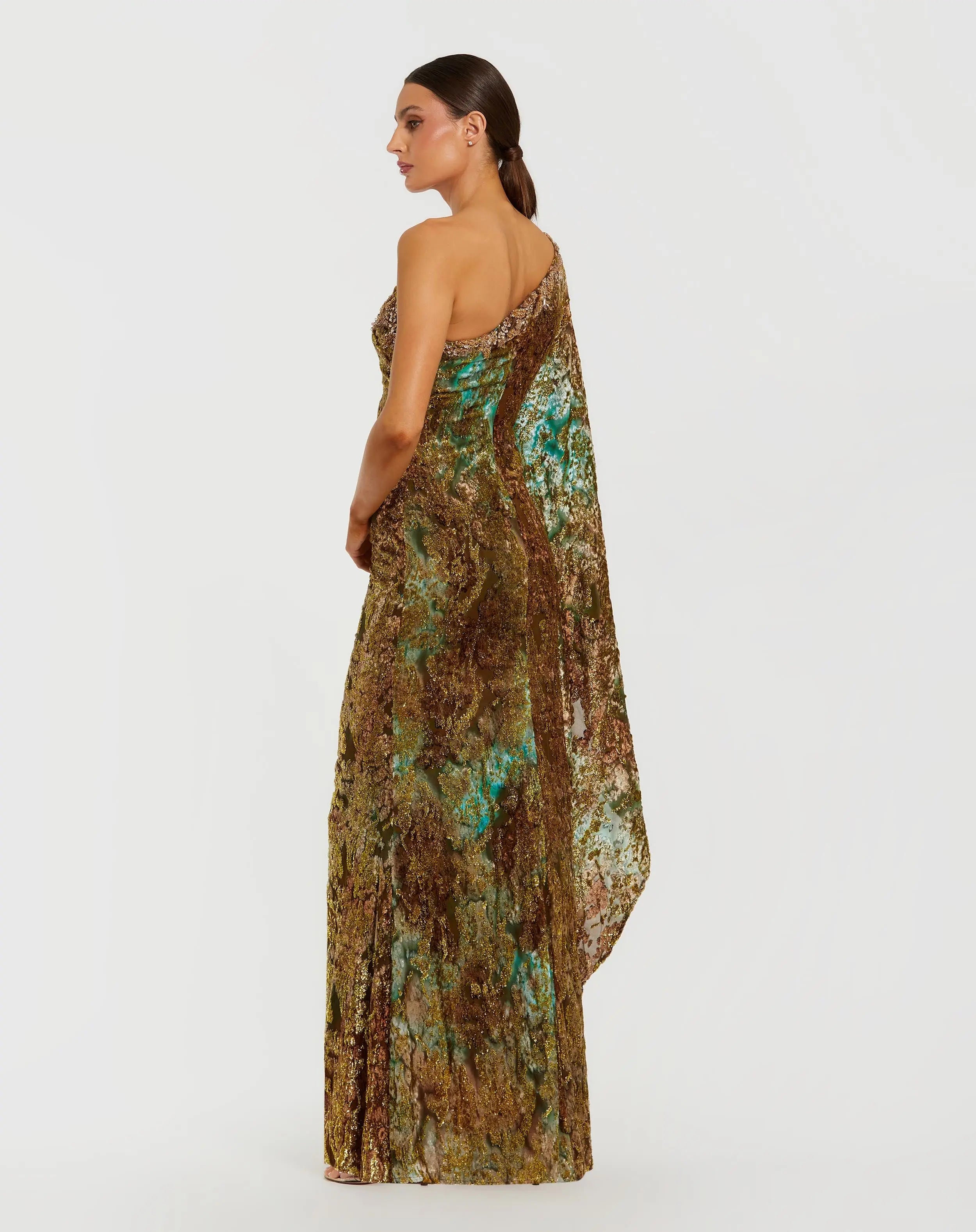 Gold One Shoulder Metallic Burnout Velvet Evening Gown-Myartka