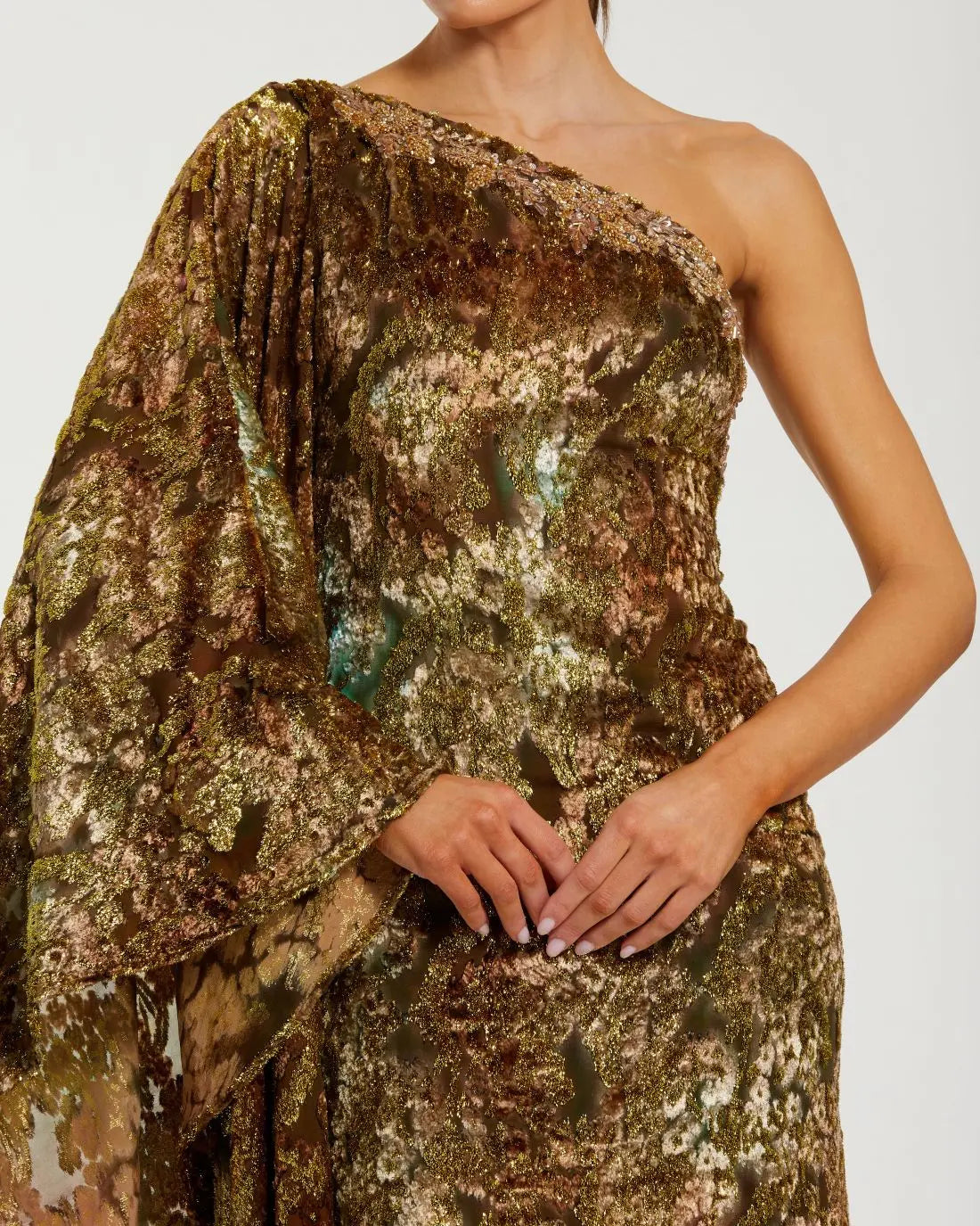 Gold One Shoulder Metallic Burnout Velvet Evening Gown-Myartka
