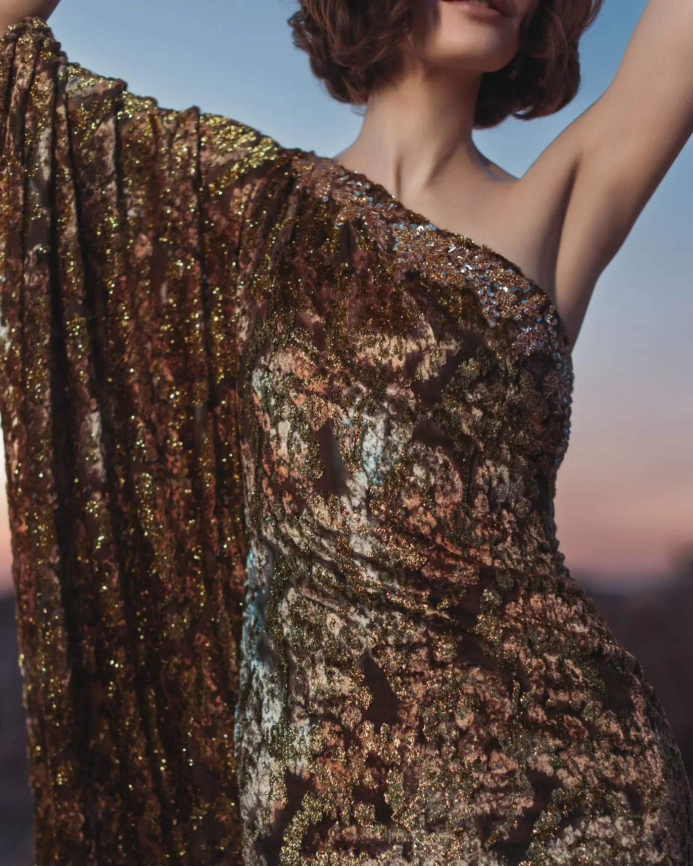 Gold One Shoulder Metallic Burnout Velvet Evening Gown-Myartka