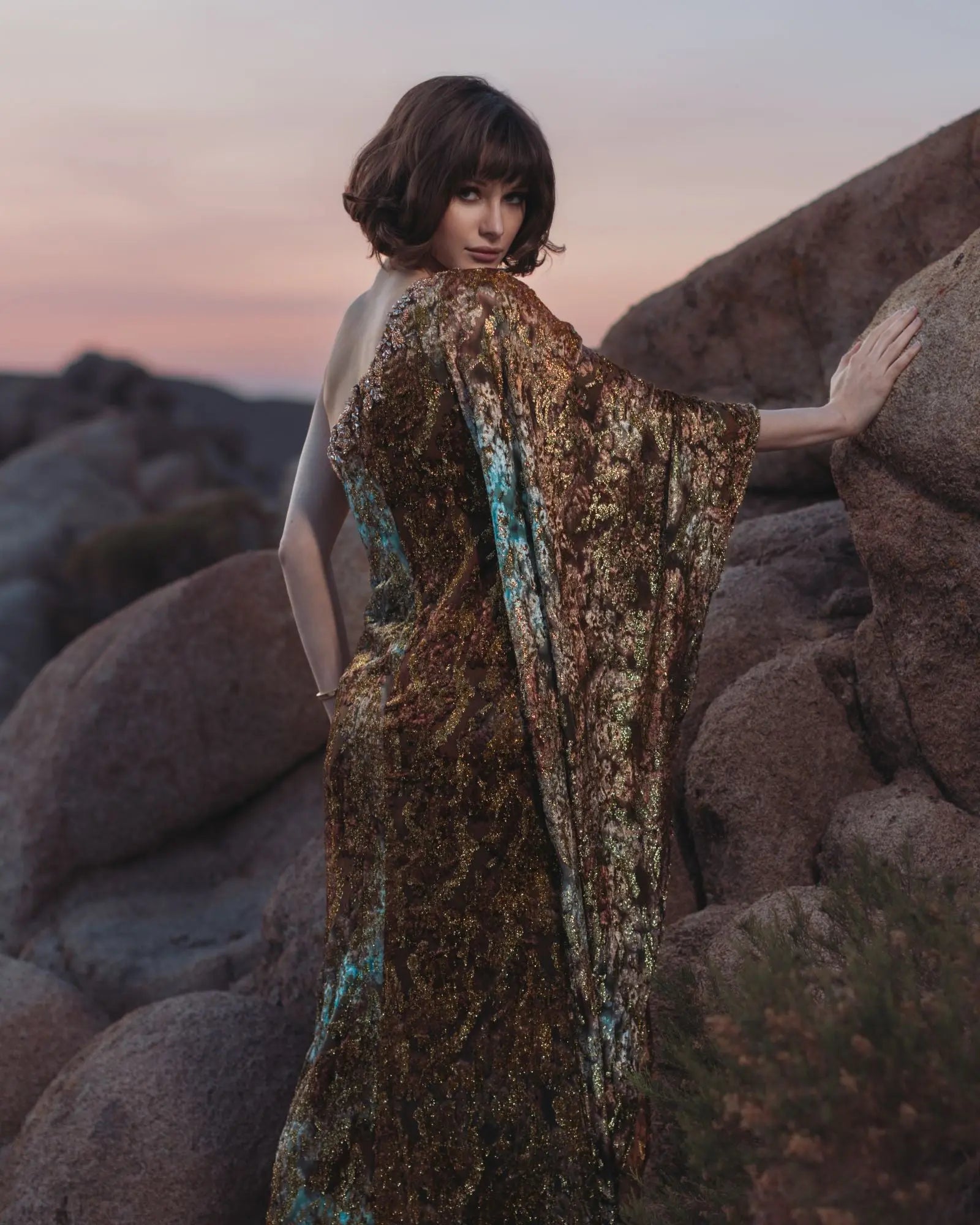 Gold One Shoulder Metallic Burnout Velvet Evening Gown-Myartka