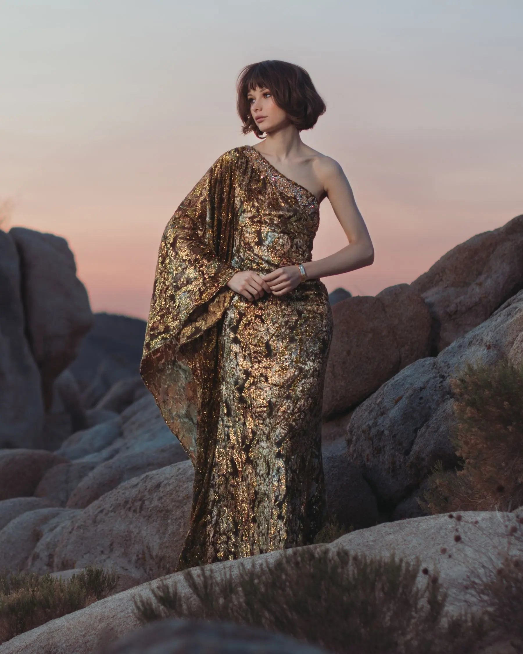 Gold One Shoulder Metallic Burnout Velvet Evening Gown-Myartka