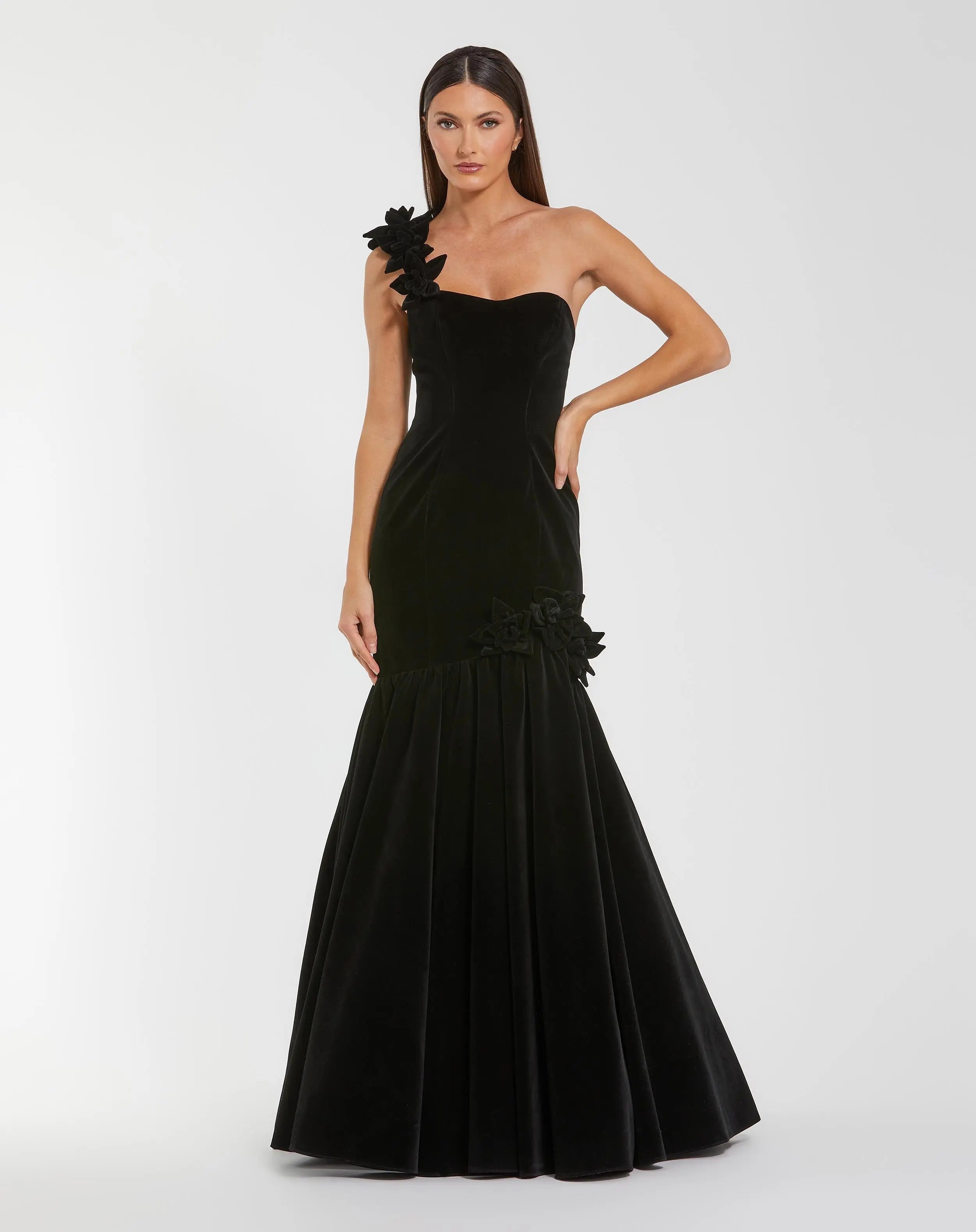 Black Velvet One Shoulder Trumpet Gown With Flowers-Myartka