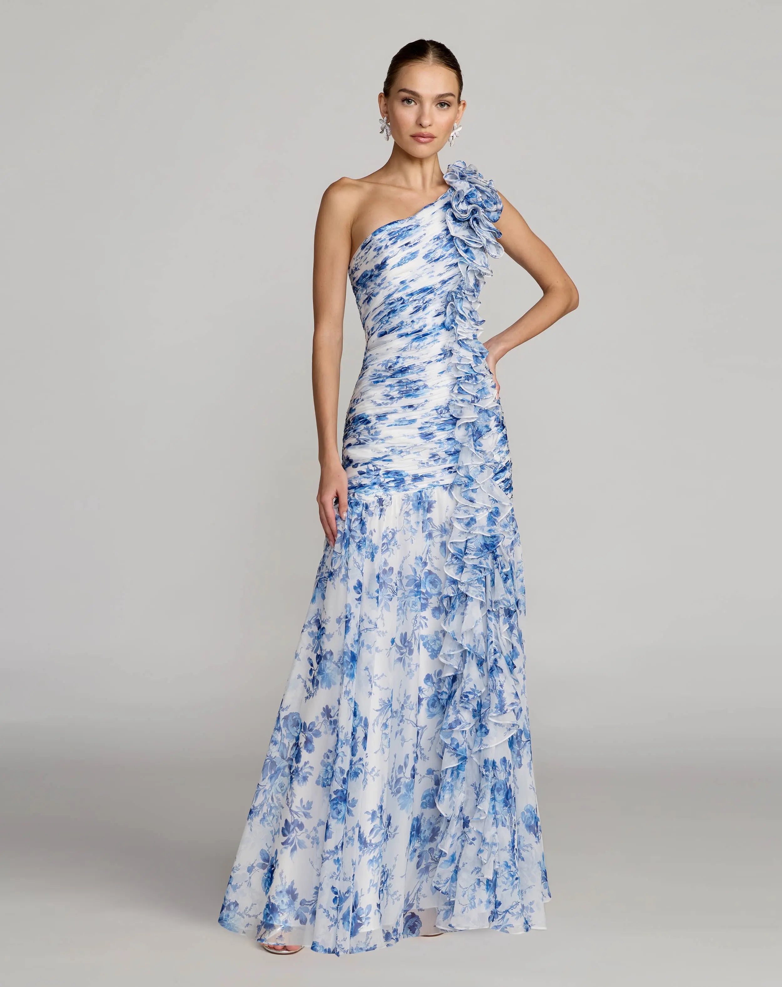 Blue Ruched Floral Chiffon Gown With 3D Ruffles-Myartka