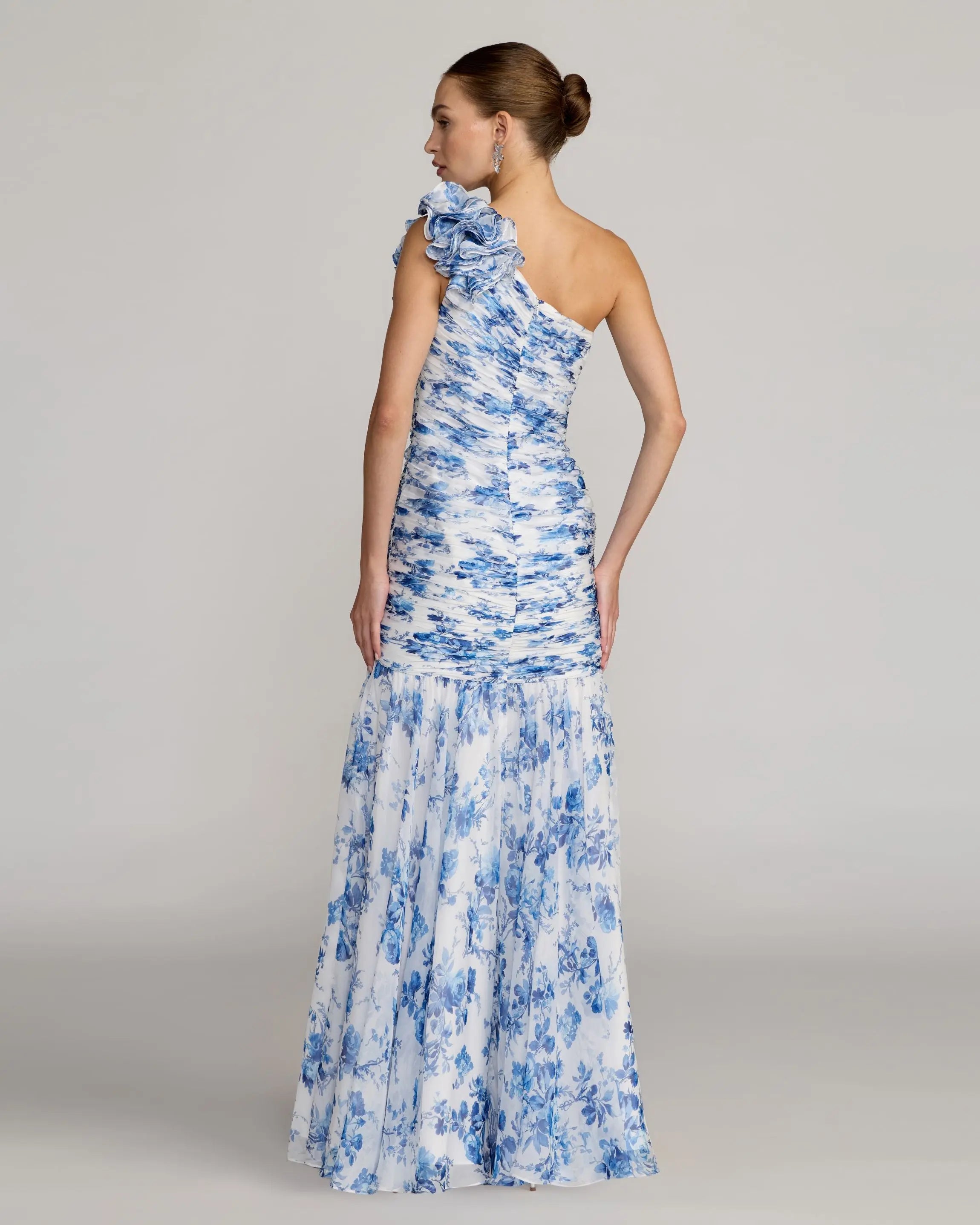 Blue Ruched Floral Chiffon Gown With 3D Ruffles-Myartka