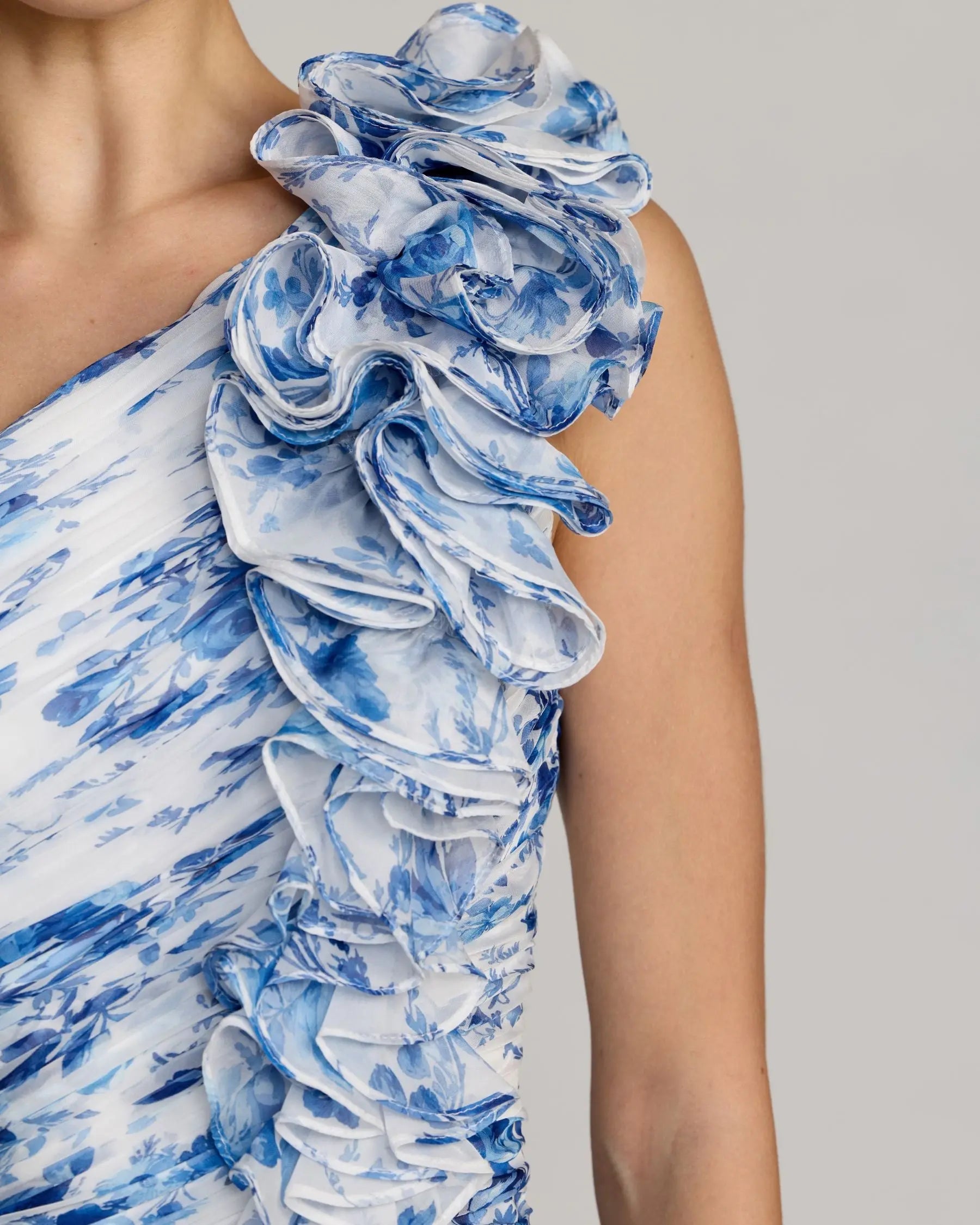 Blue Ruched Floral Chiffon Gown With 3D Ruffles-Myartka