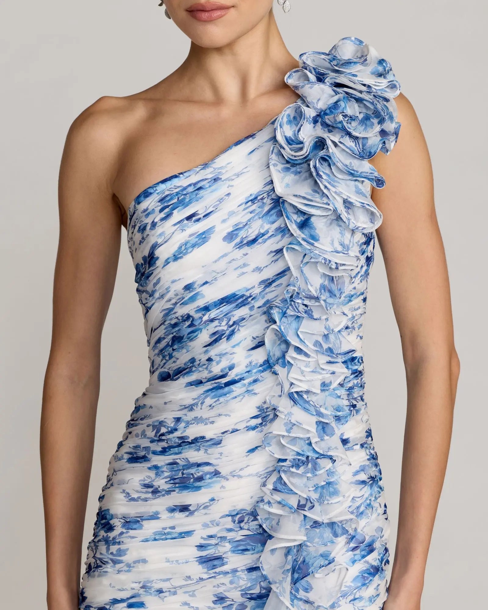 Blue Ruched Floral Chiffon Gown With 3D Ruffles-Myartka
