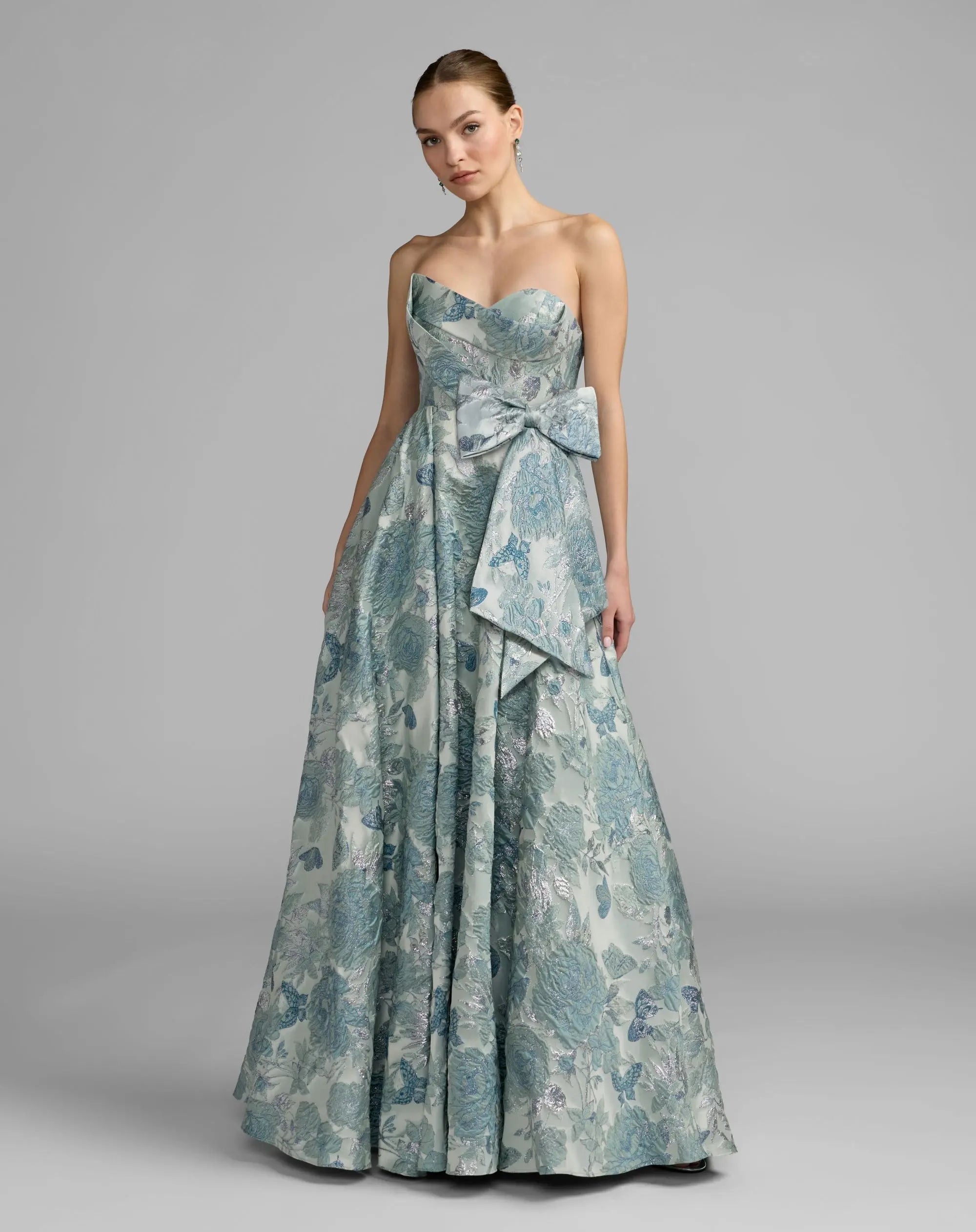 Blue Strapless Floral Brocade Ball Gown-Myartka