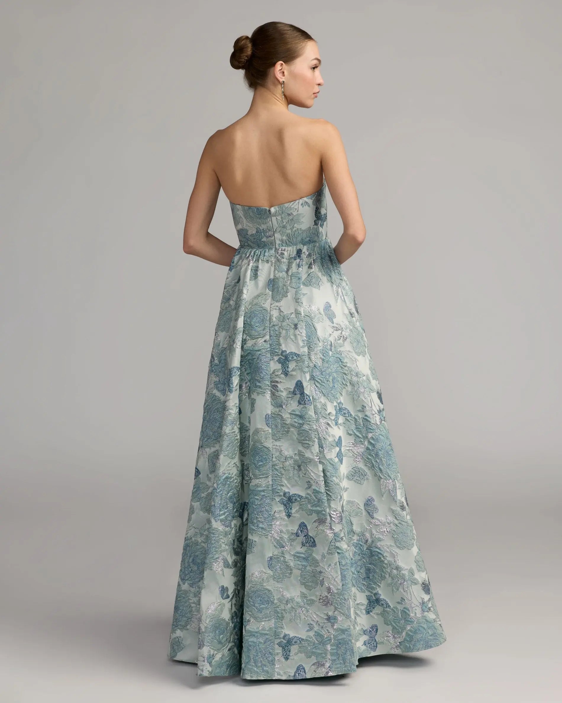 Blue Strapless Floral Brocade Ball Gown-Myartka