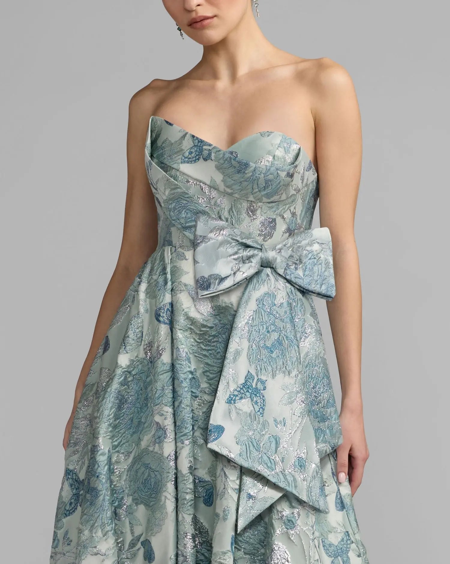 Blue Strapless Floral Brocade Ball Gown-Myartka