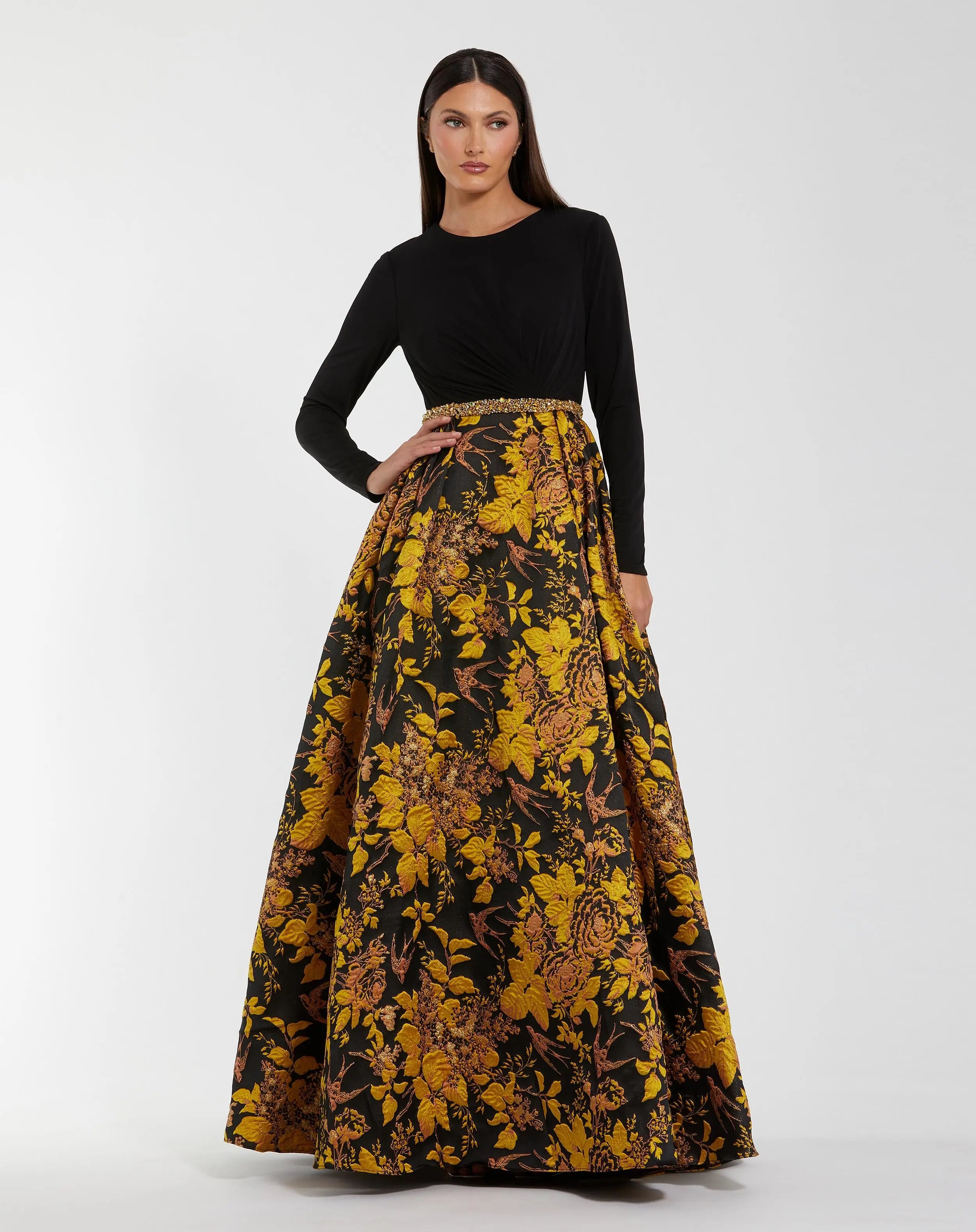 Black Long Sleeve Floral Brocade Ball Gown-Myartka