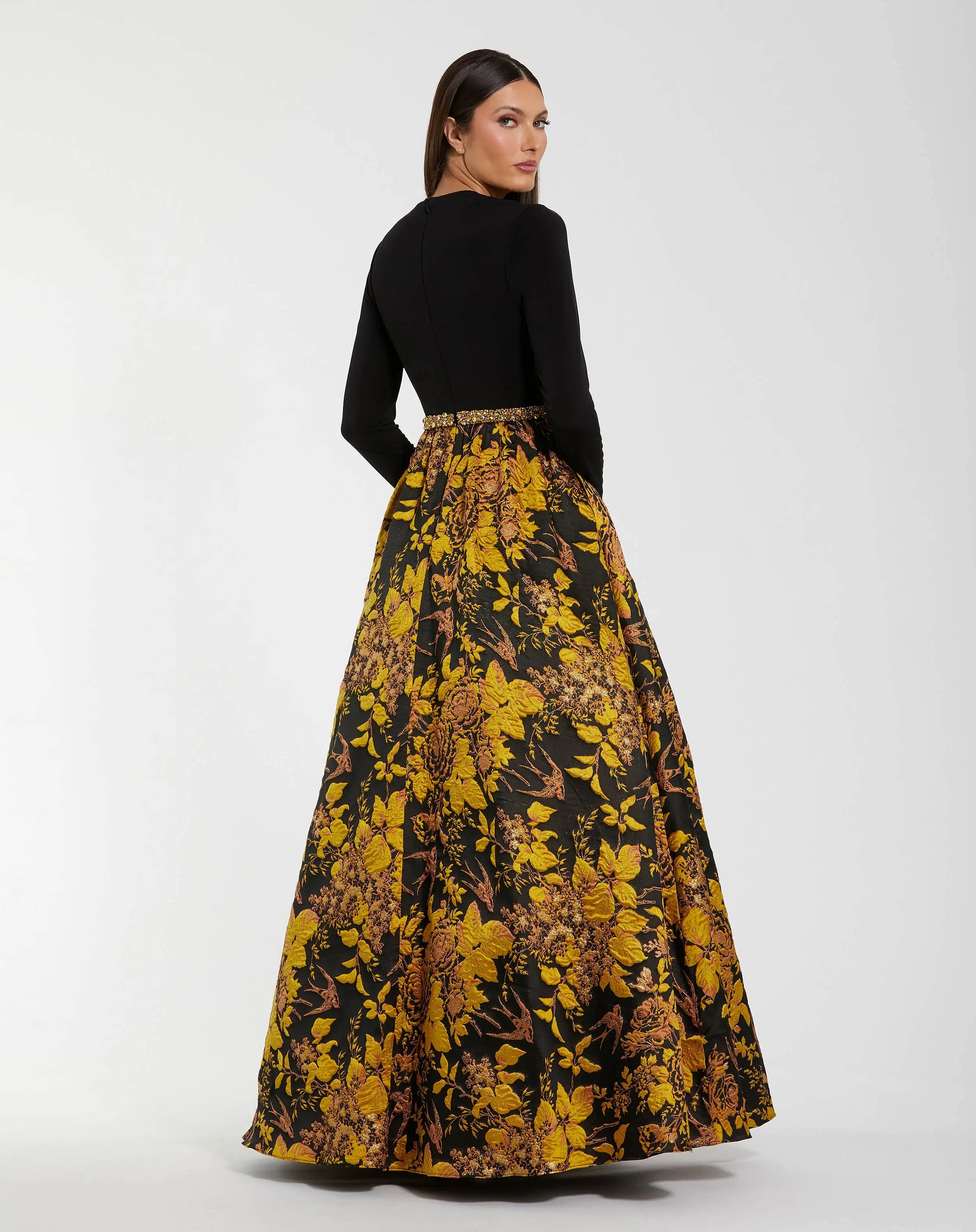 Black Long Sleeve Floral Brocade Ball Gown-Myartka