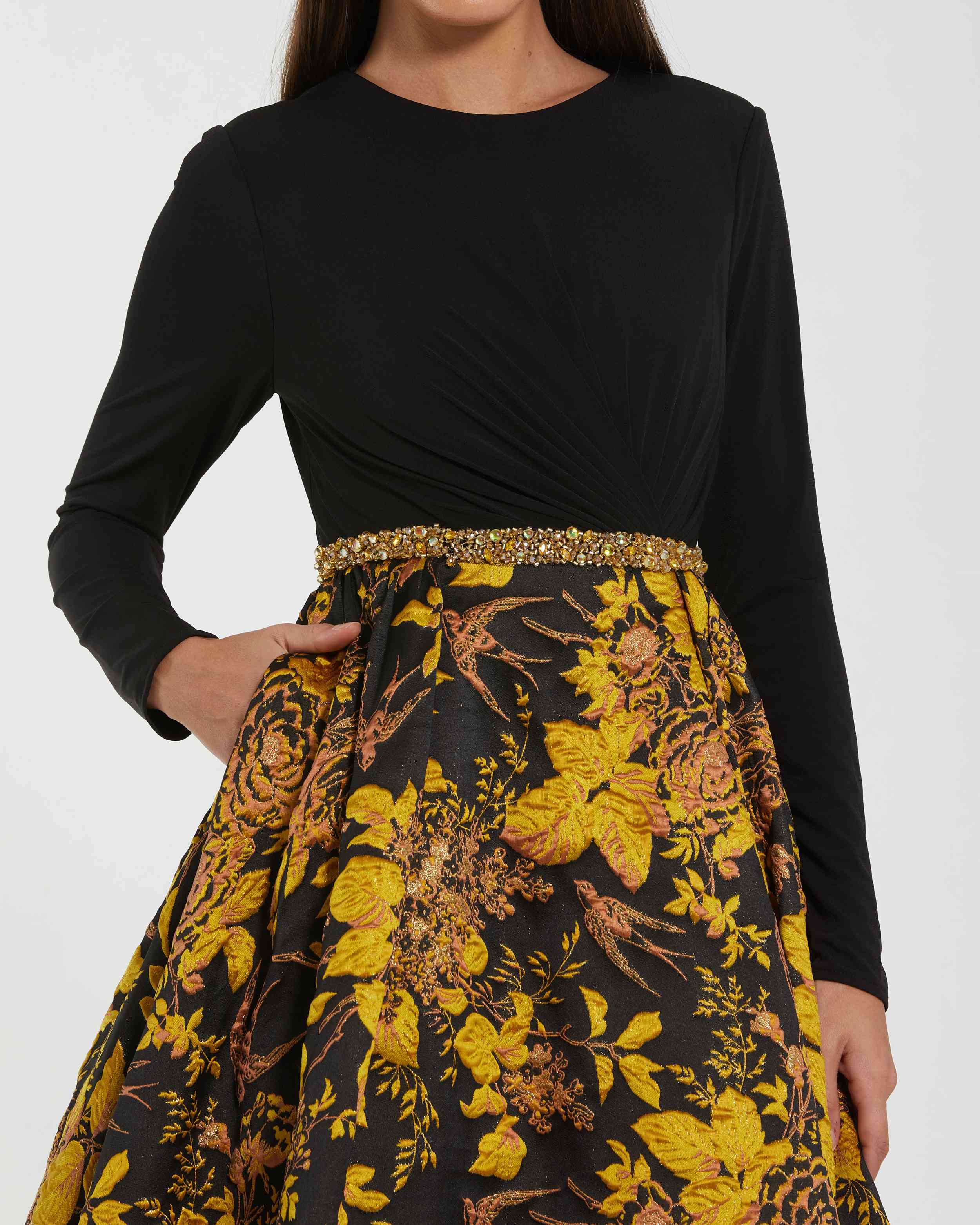 Black Long Sleeve Floral Brocade Ball Gown-Myartka