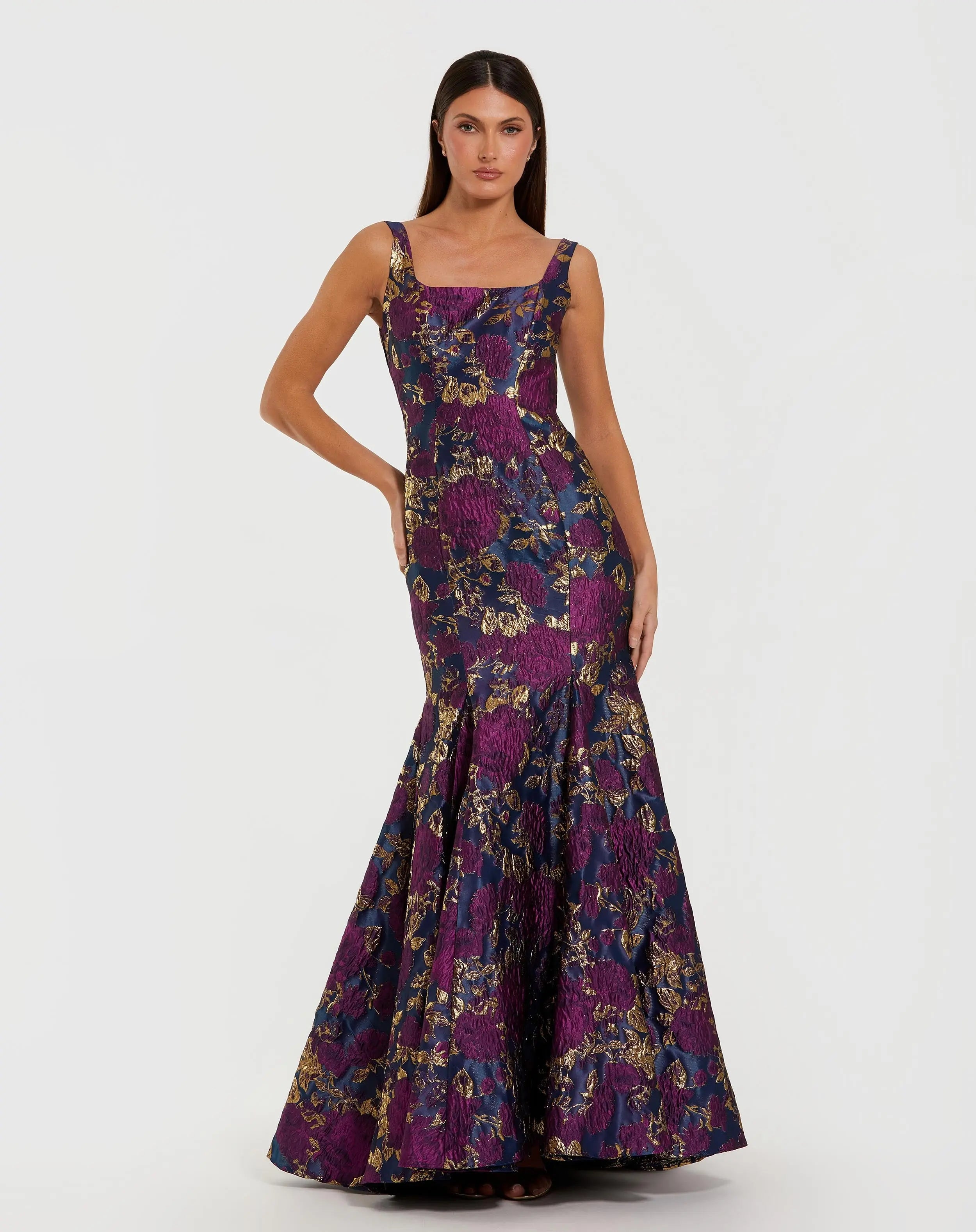 Navy Multicolor Sleeveless Brocade Trumpet Gown-Myartka