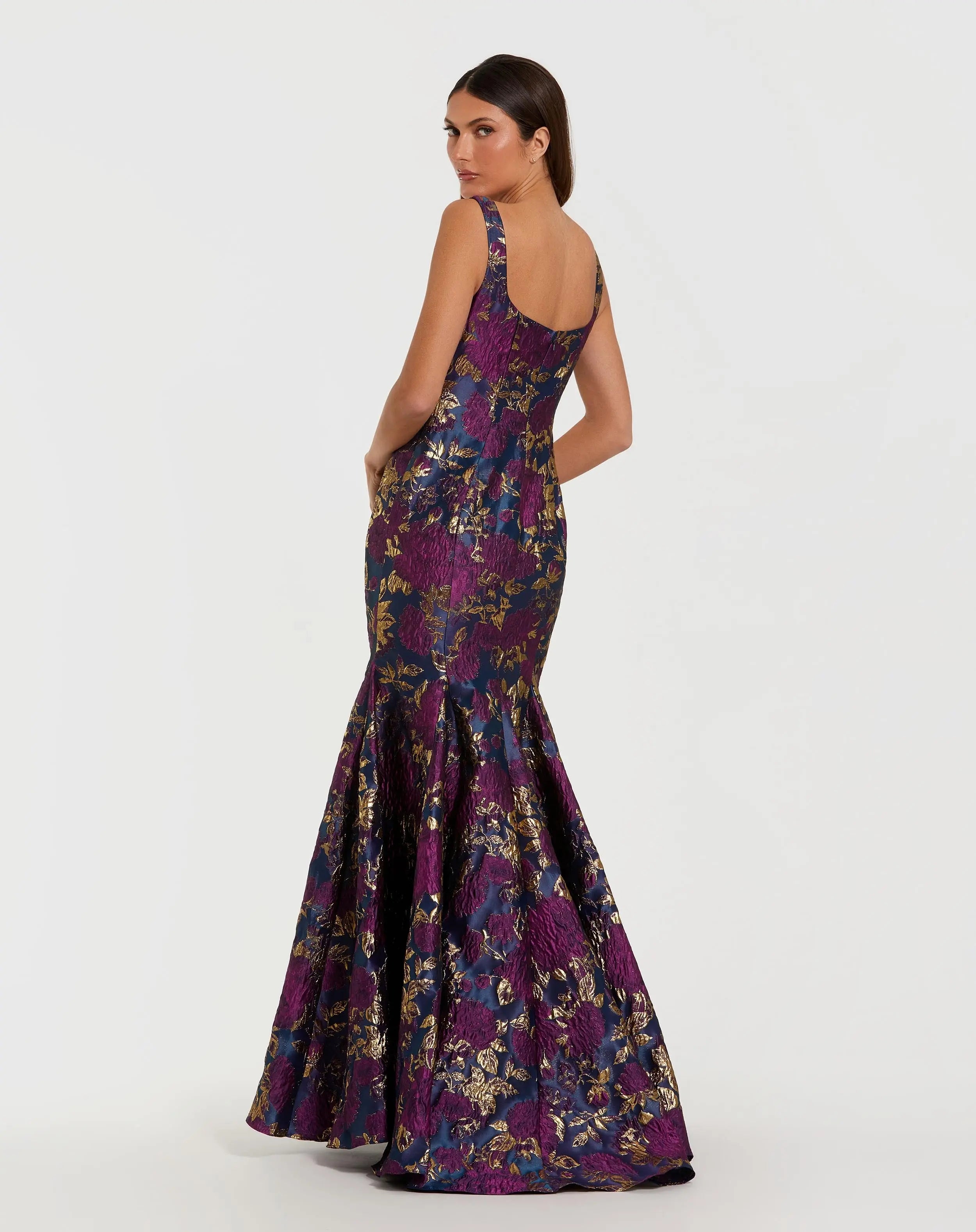 Navy Multicolor Sleeveless Brocade Trumpet Gown-Myartka