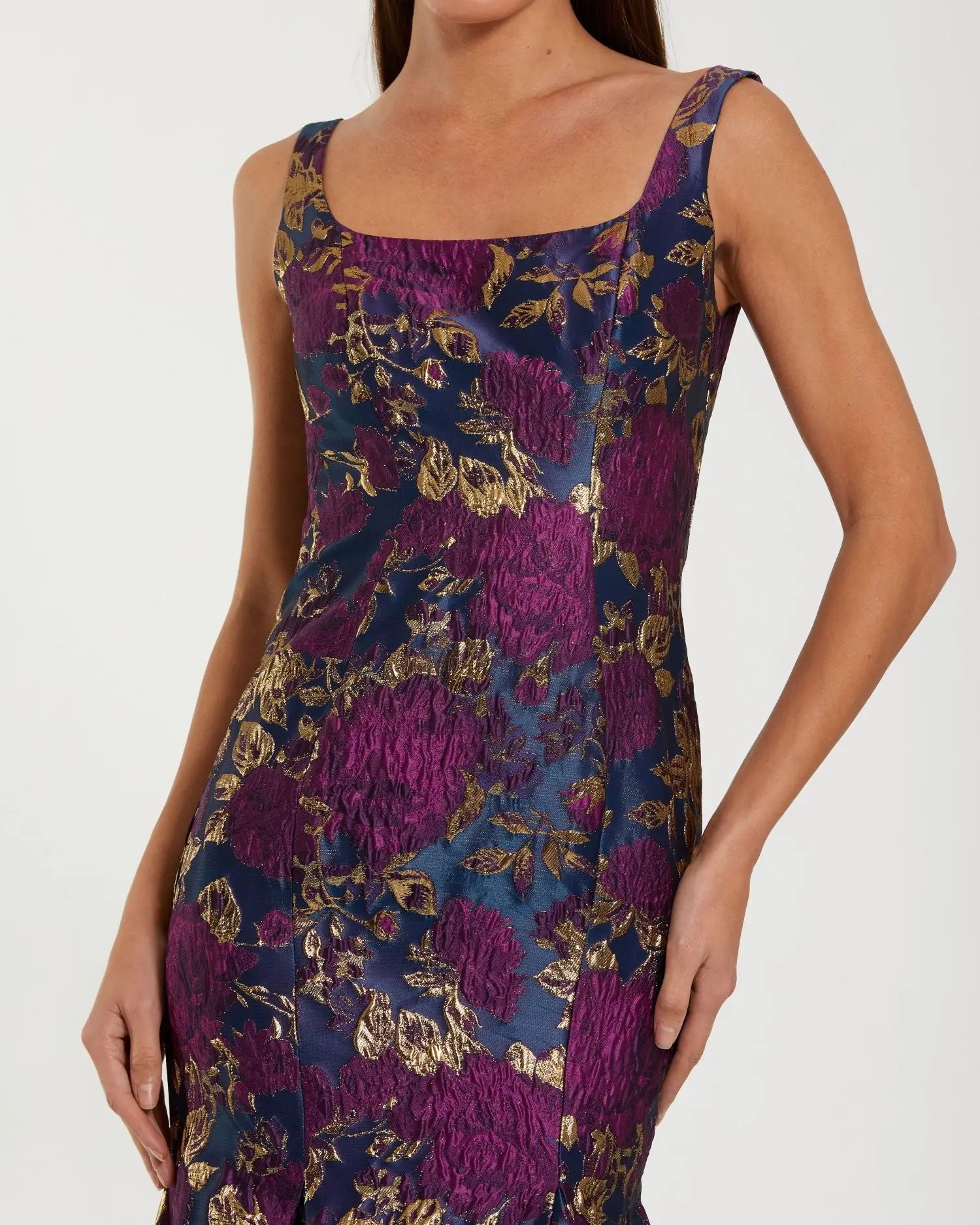 Navy Multicolor Sleeveless Brocade Trumpet Gown-Myartka