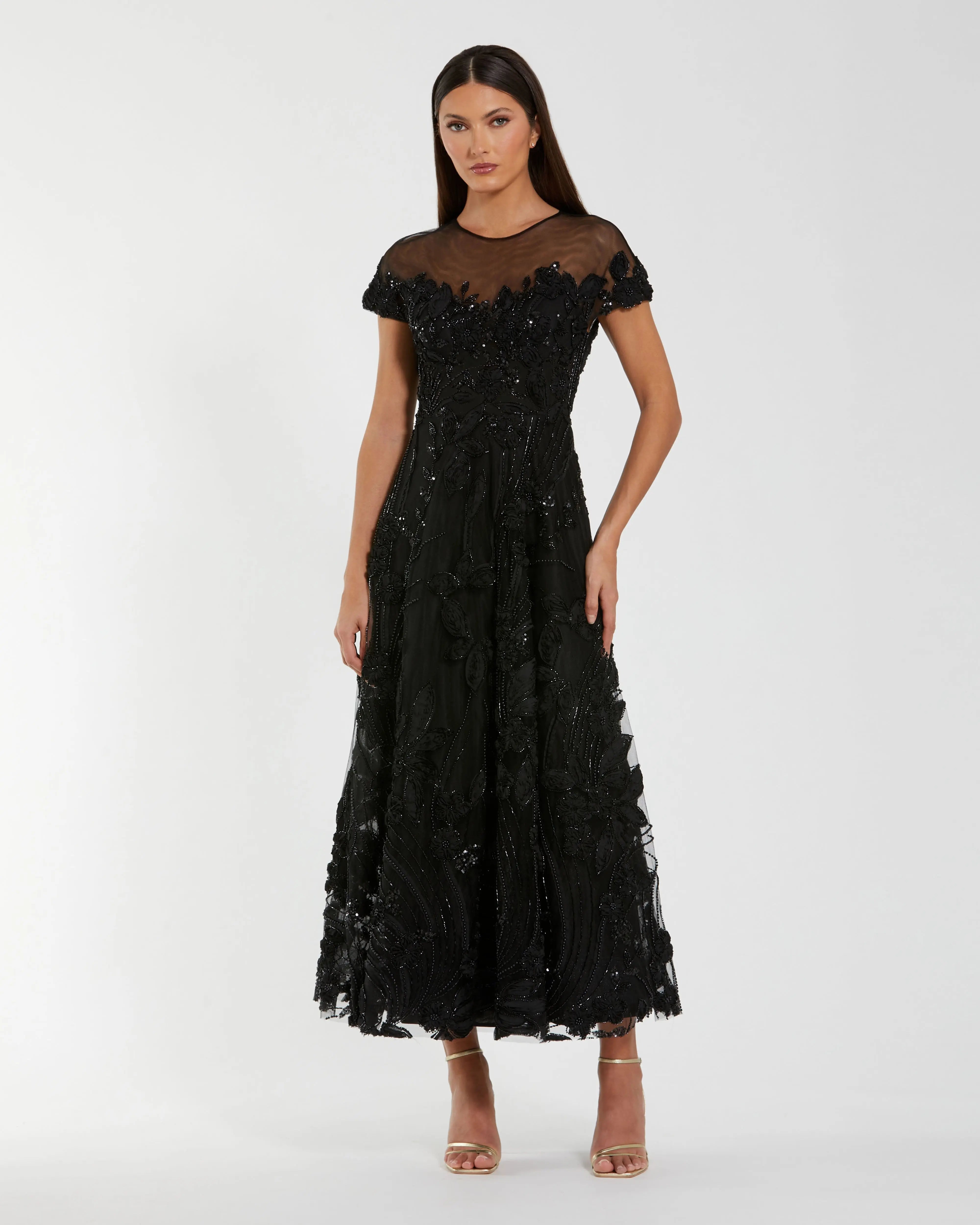 Black Embellished Lace Illusion Neck A-Line Cocktail Dress-Myartka