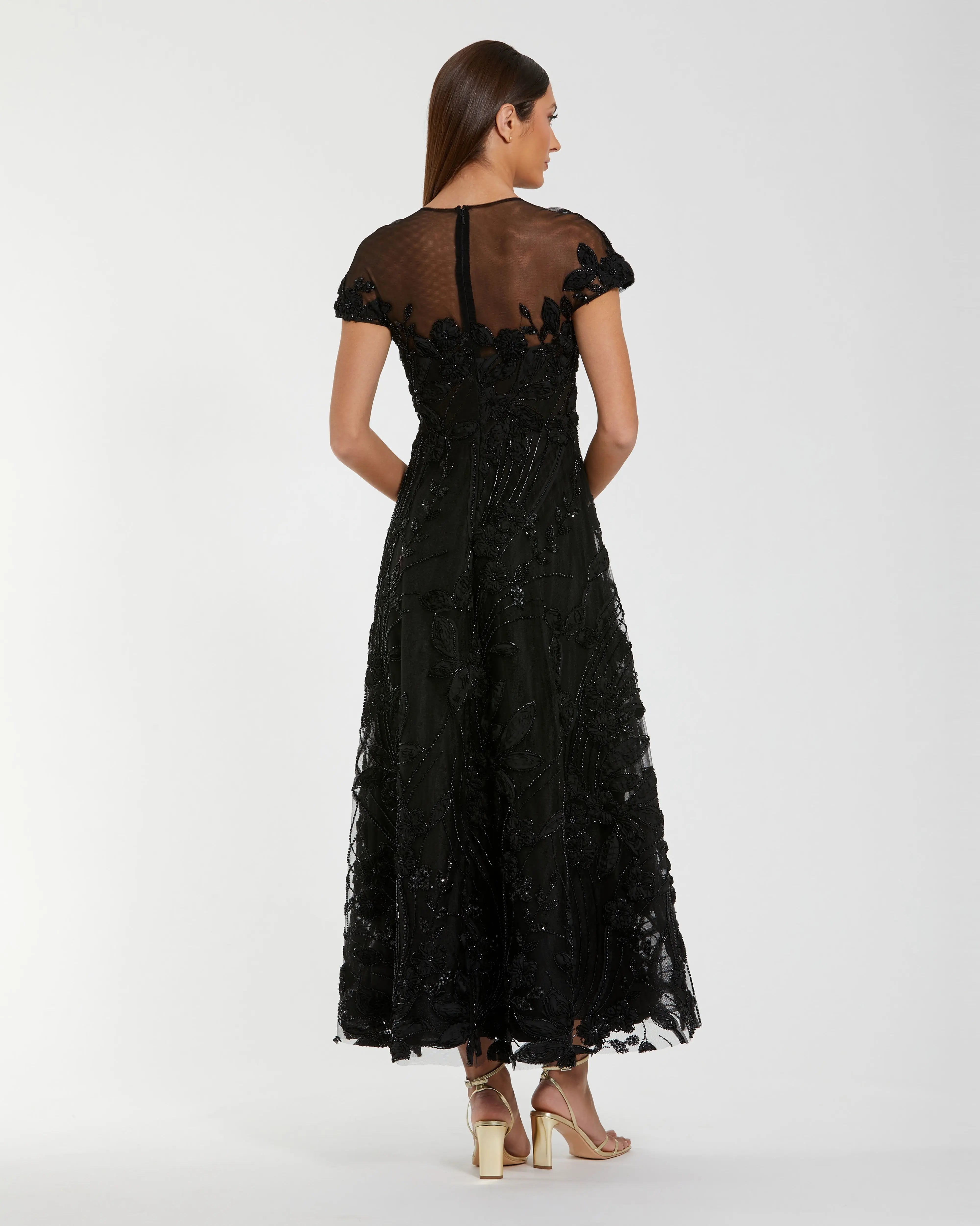 Black Embellished Lace Illusion Neck A-Line Cocktail Dress-Myartka