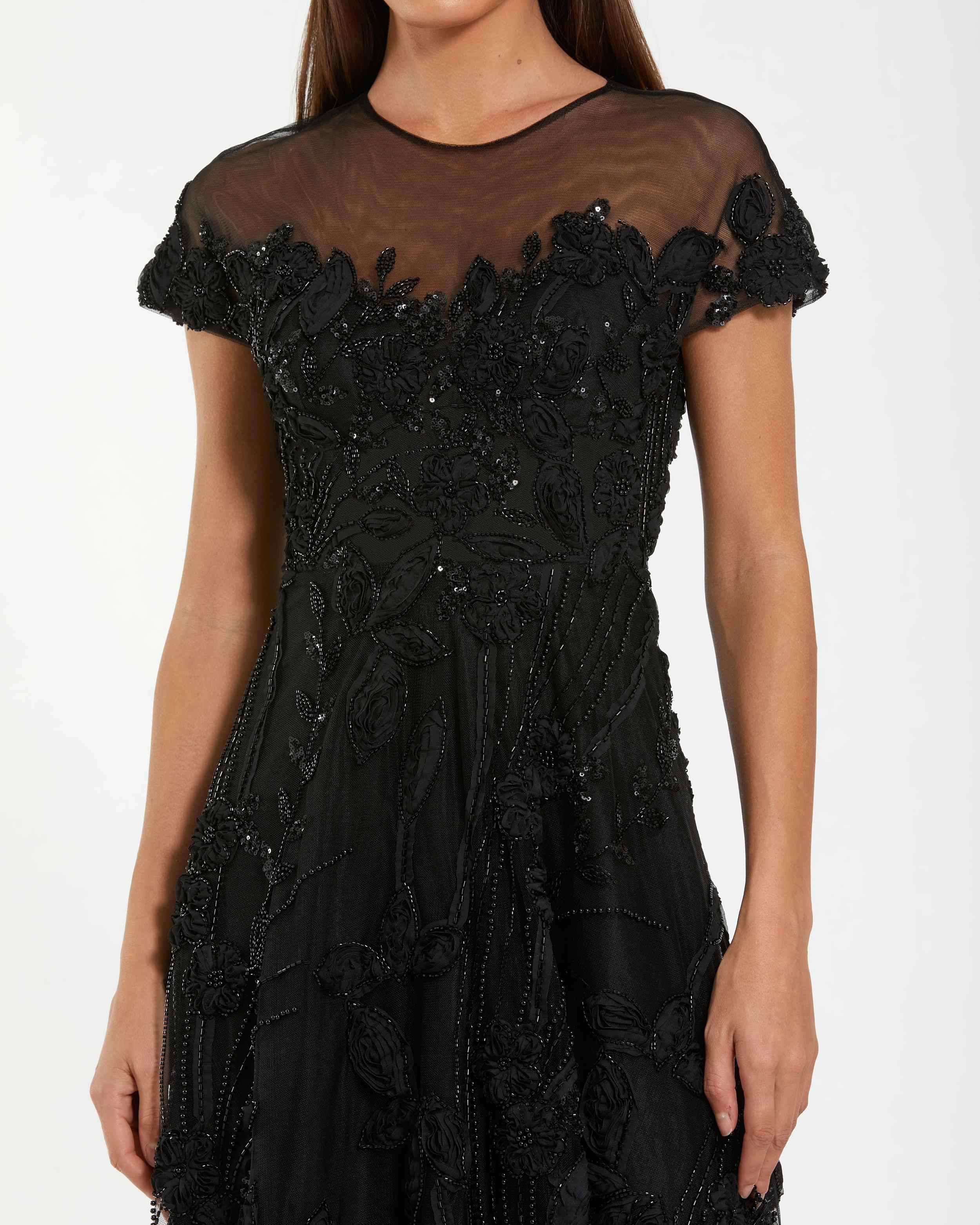 Black Embellished Lace Illusion Neck A-Line Cocktail Dress-Myartka
