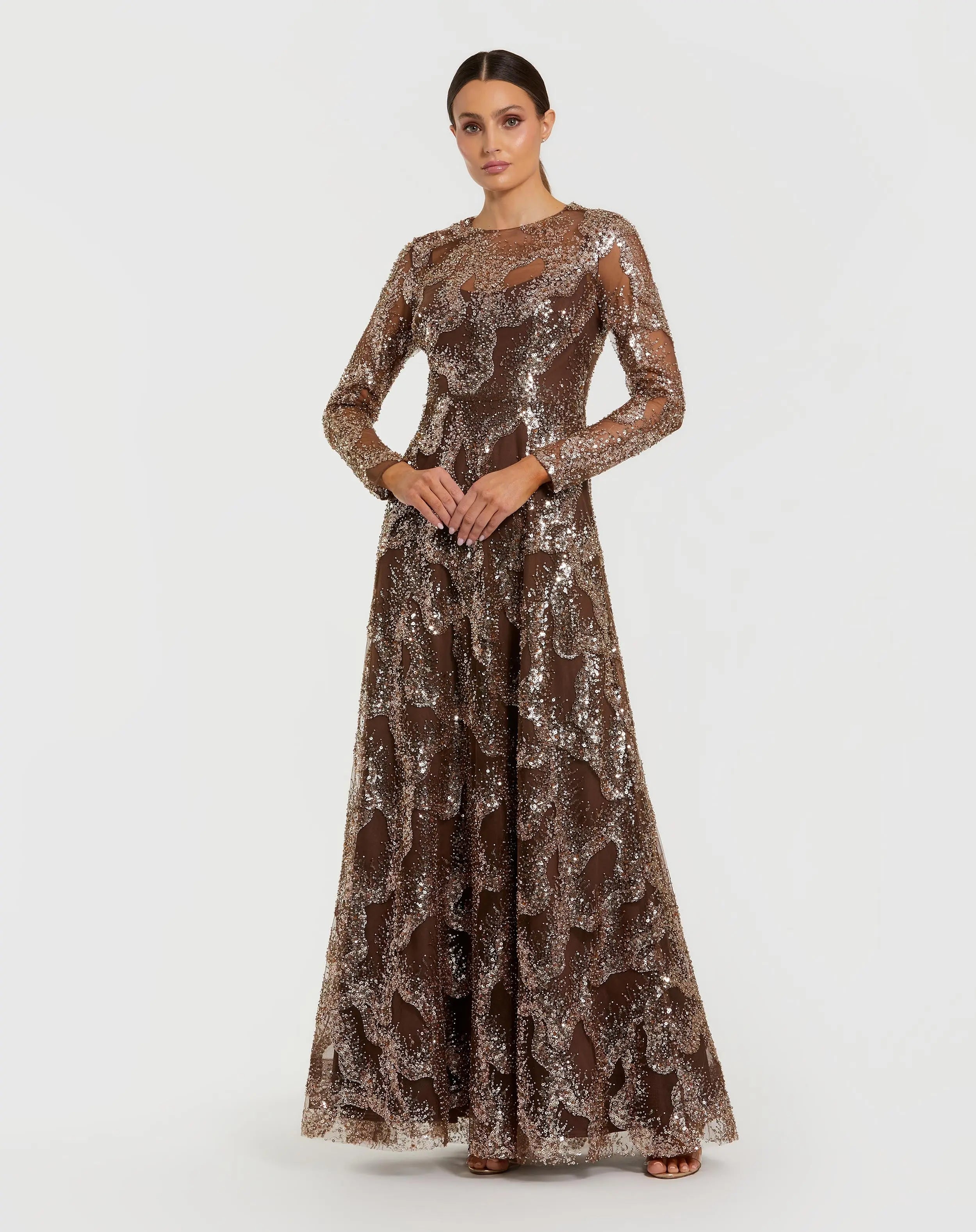 Brown Embellished Long Sleeve High Neck Evening Gown-Myartka