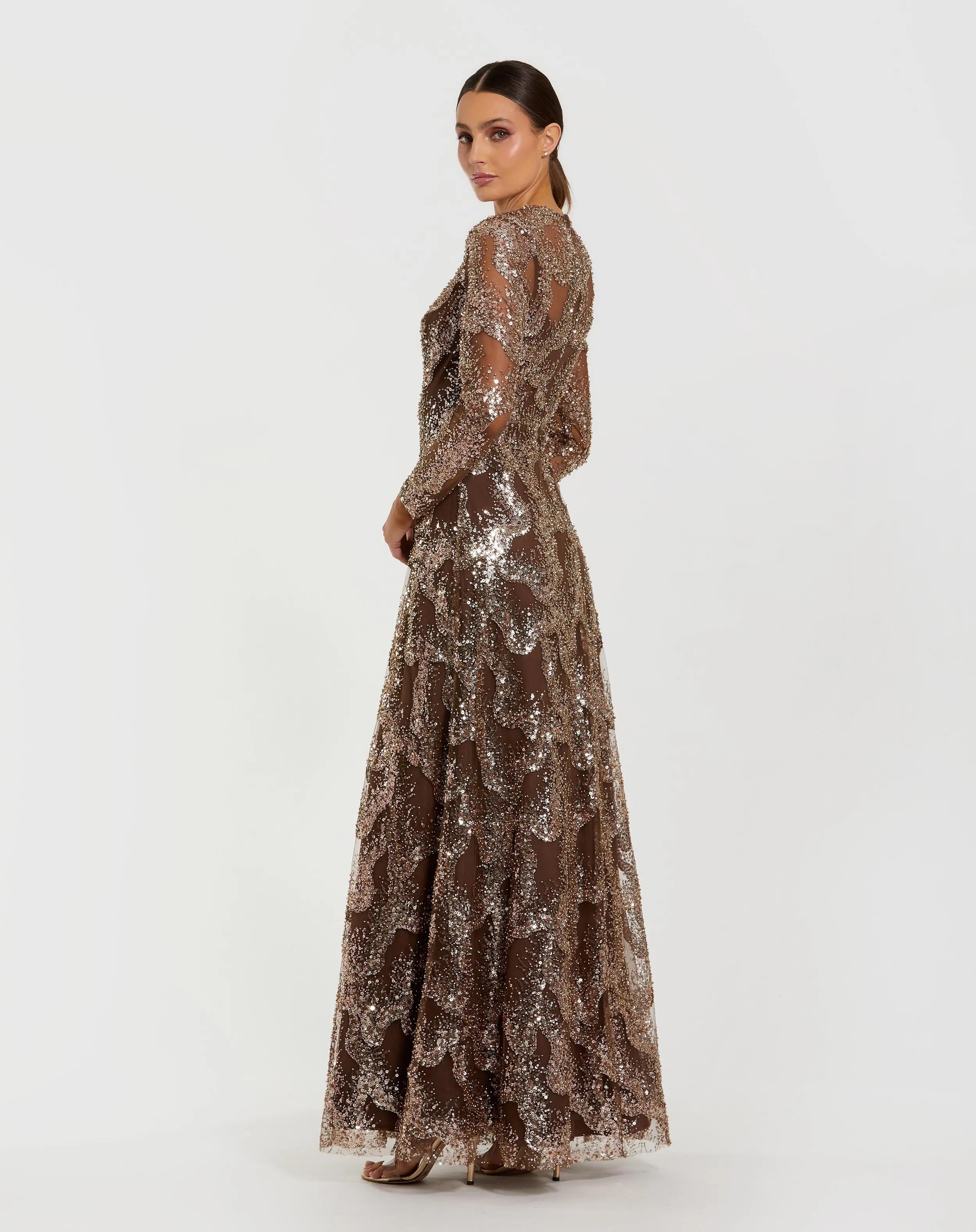 Brown Embellished Long Sleeve High Neck Evening Gown-Myartka
