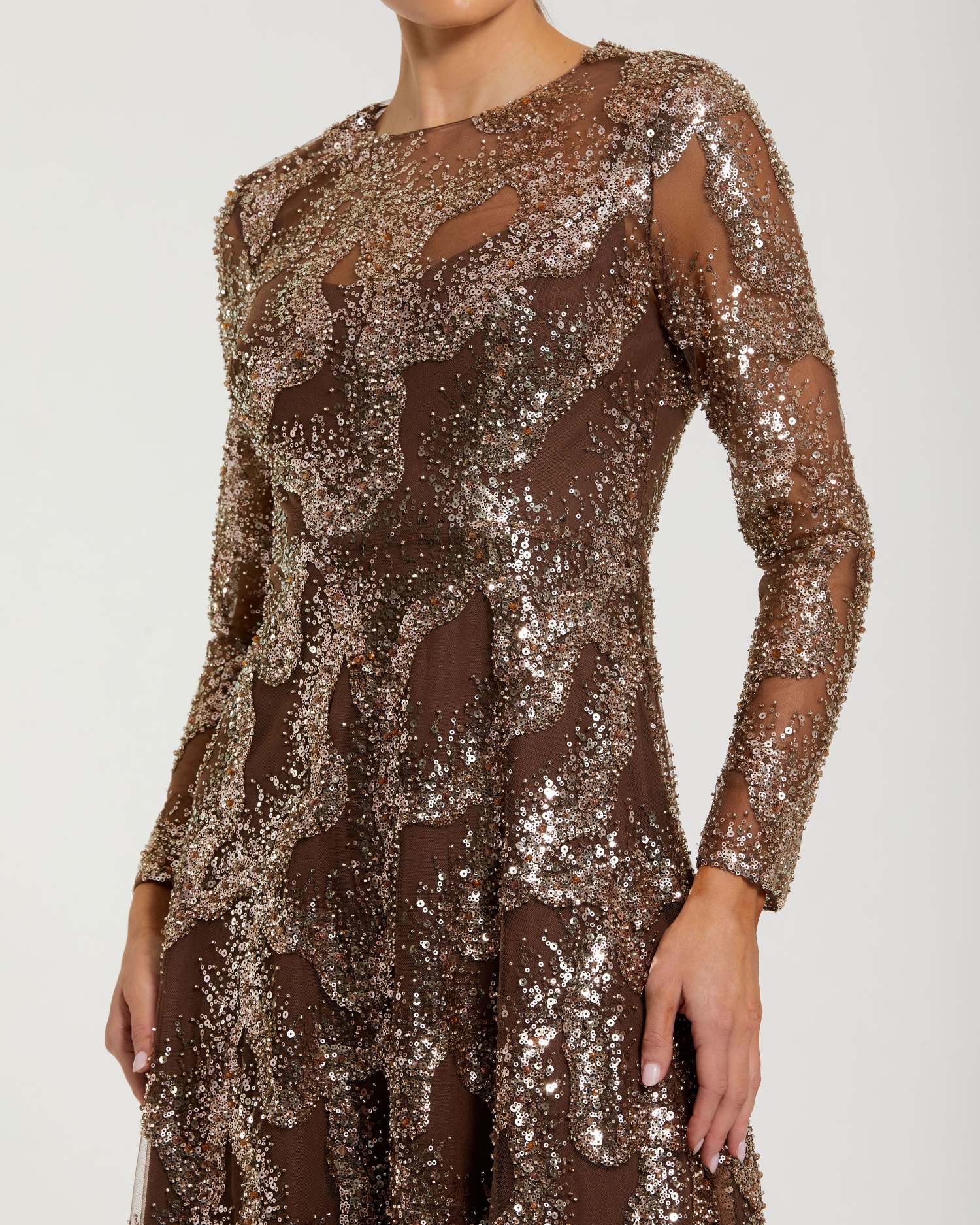 Brown Embellished Long Sleeve High Neck Evening Gown-Myartka