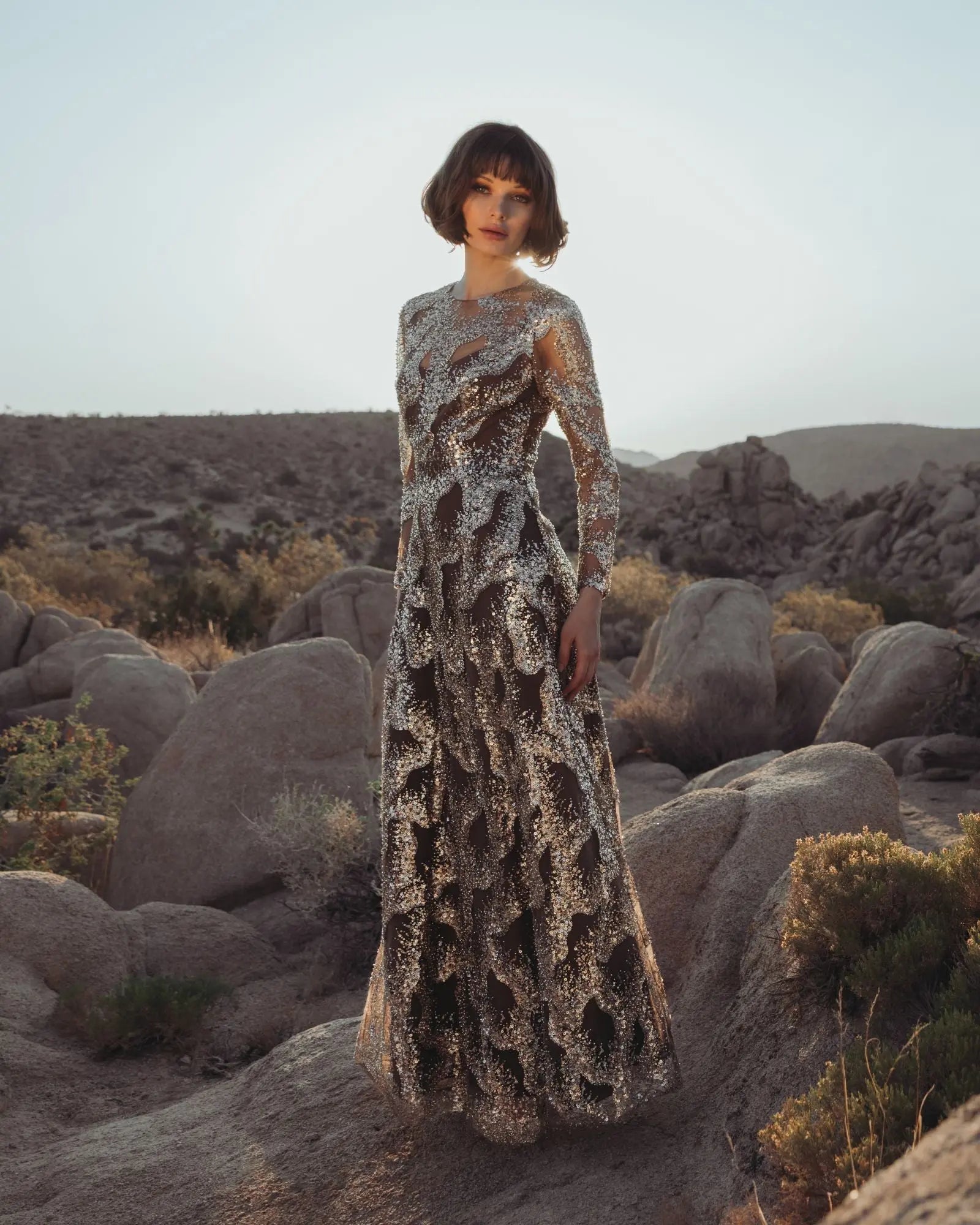 Brown Embellished Long Sleeve High Neck Evening Gown-Myartka