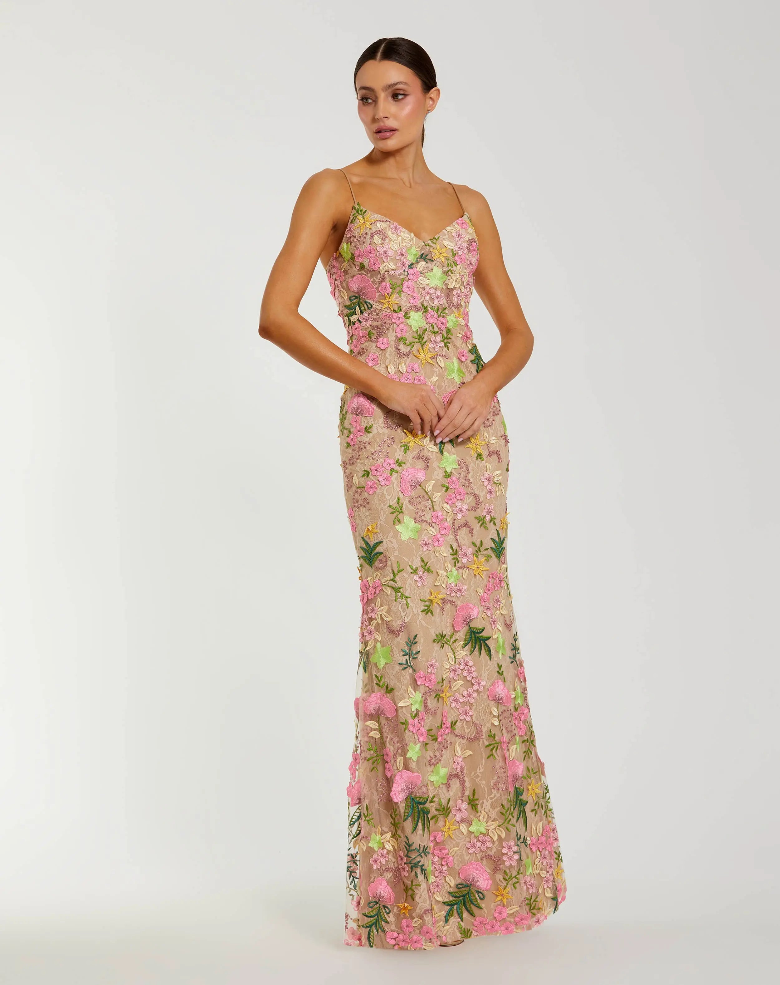 Beige Multi Floral Rhinestone Embroidered Column Gown-Myartka