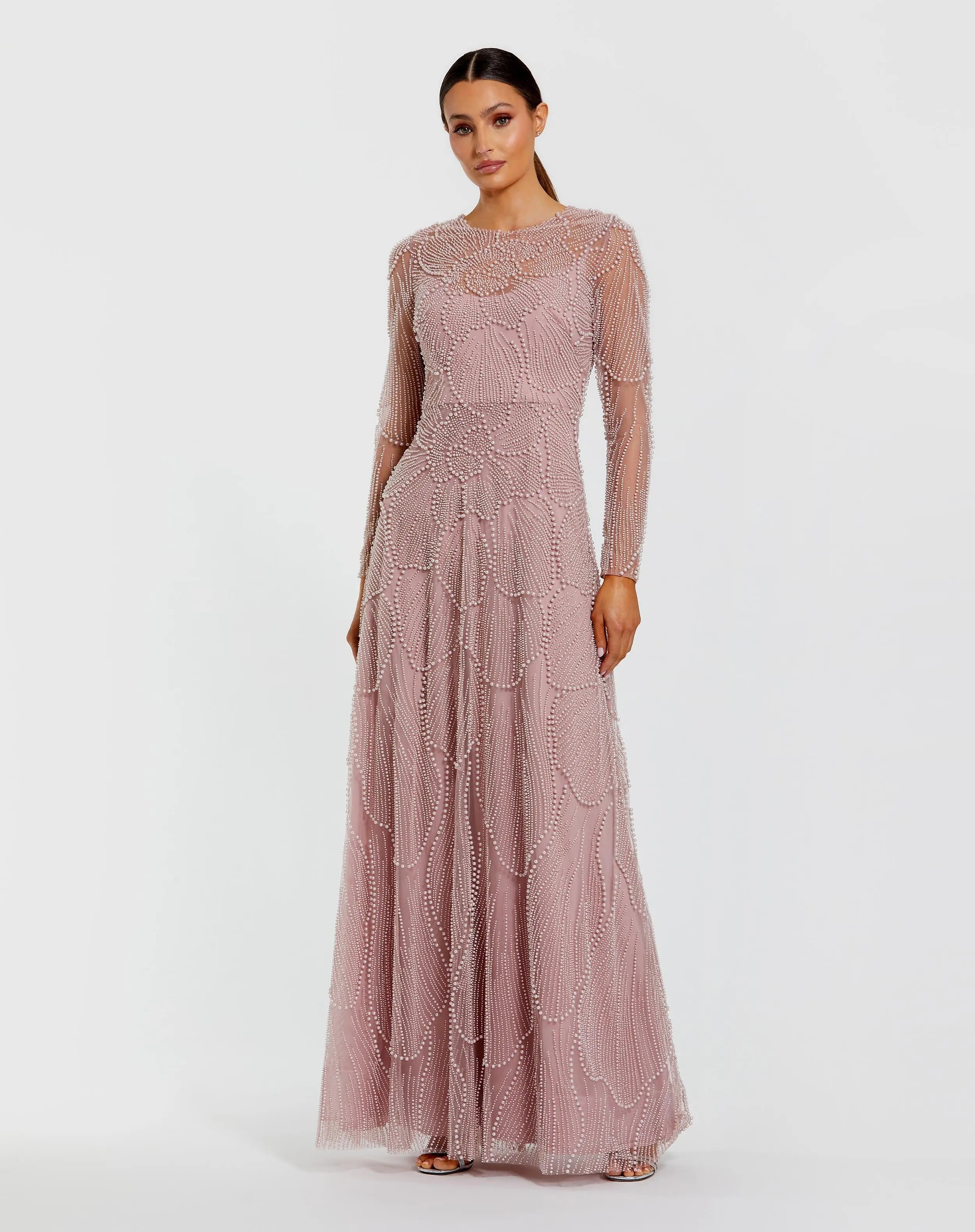 Pink Beaded High Neck Long Sleeve A Line Gown-Myartka