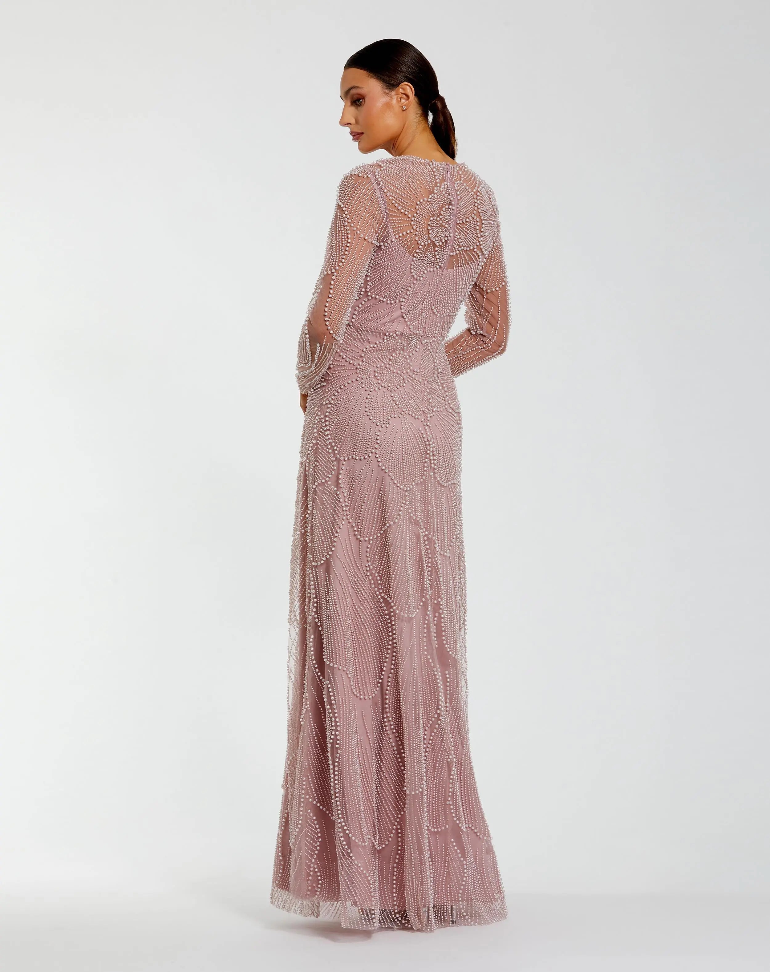 Pink Beaded High Neck Long Sleeve A Line Gown-Myartka