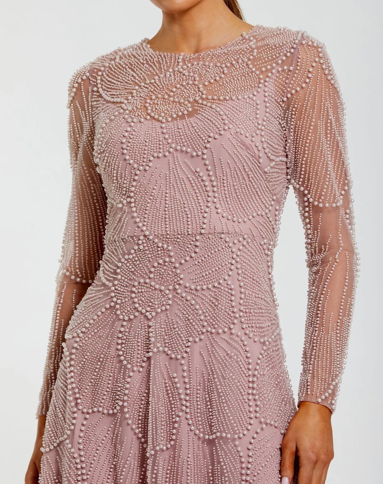 Pink Beaded High Neck Long Sleeve A Line Gown-Myartka