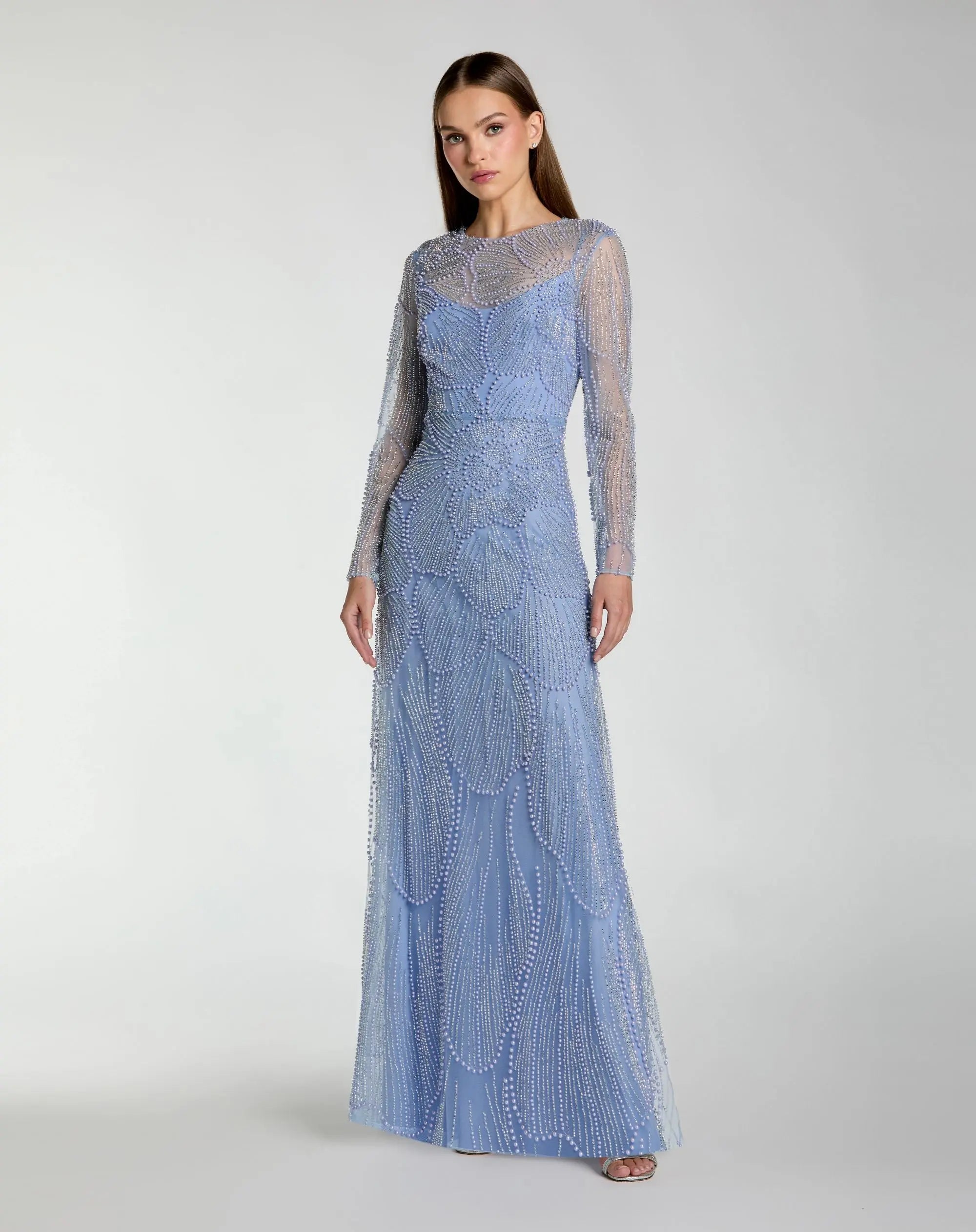 Blue Beaded High Neck Long Sleeve A Line Gown-Myartka