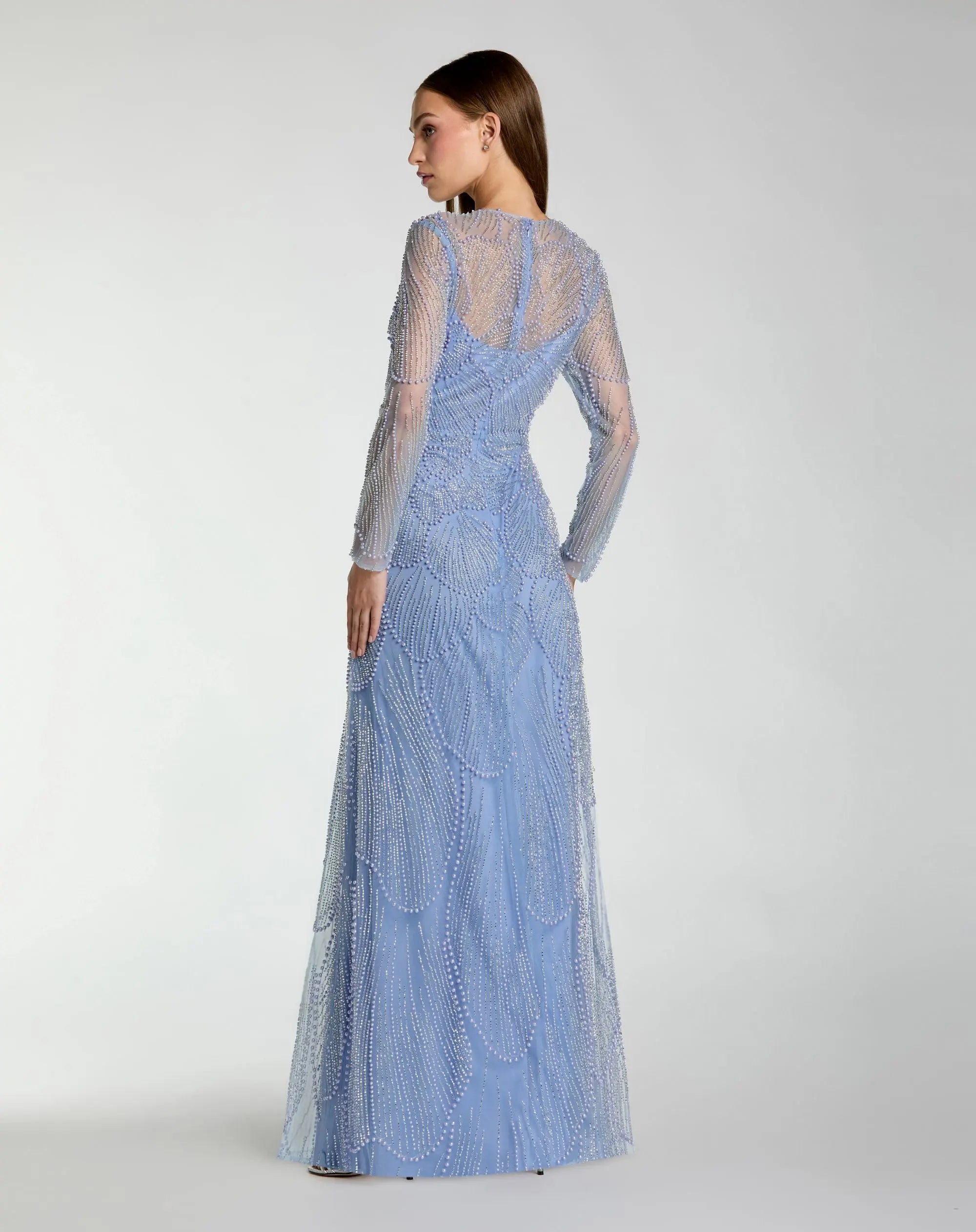 Blue Beaded High Neck Long Sleeve A Line Gown-Myartka
