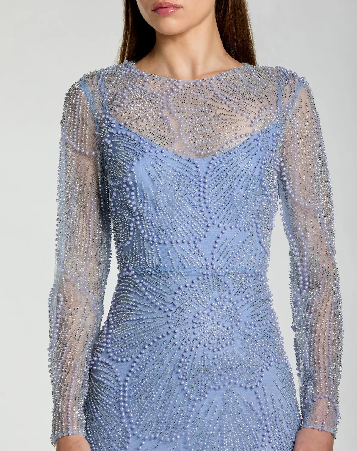 Blue Beaded High Neck Long Sleeve A Line Gown-Myartka