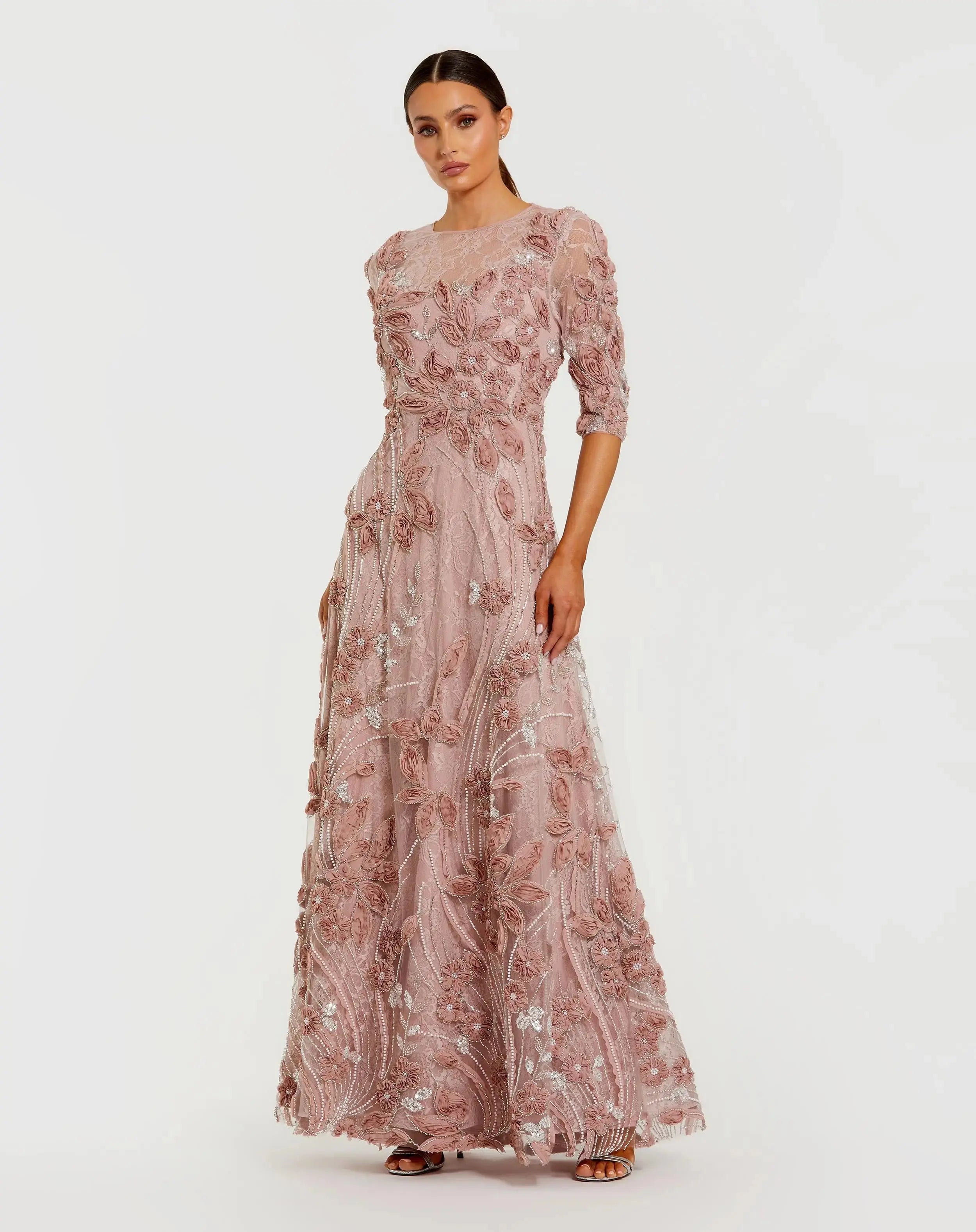Pink High Neck Embellished Lace Gown with 3/4 Sleeves-Myartka