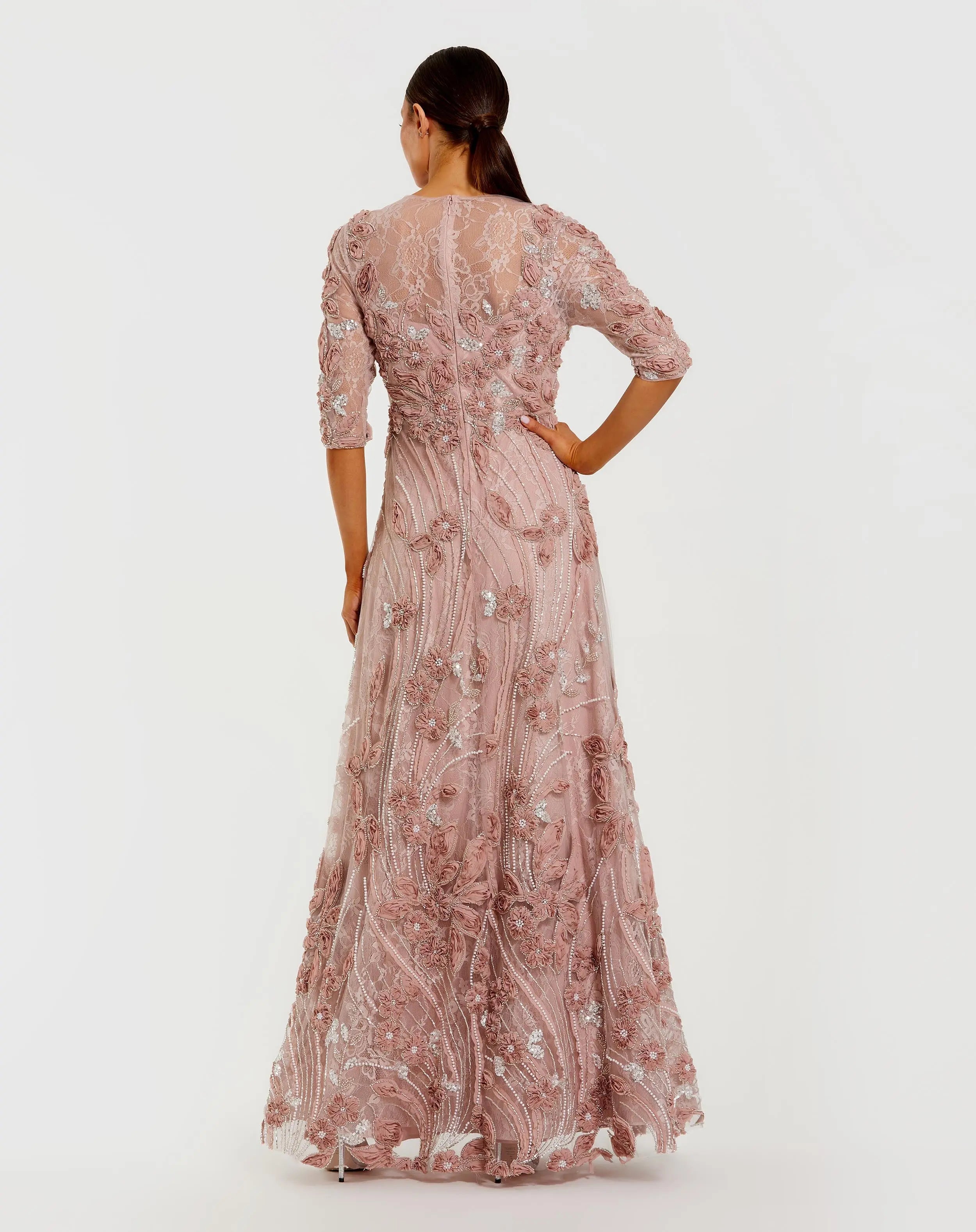 Pink High Neck Embellished Lace Gown with 3/4 Sleeves-Myartka