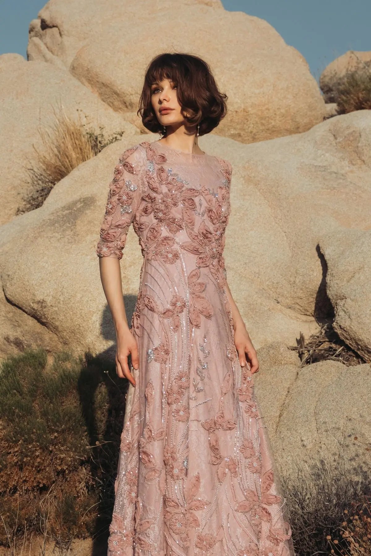 Pink High Neck Embellished Lace Gown with 3/4 Sleeves-Myartka
