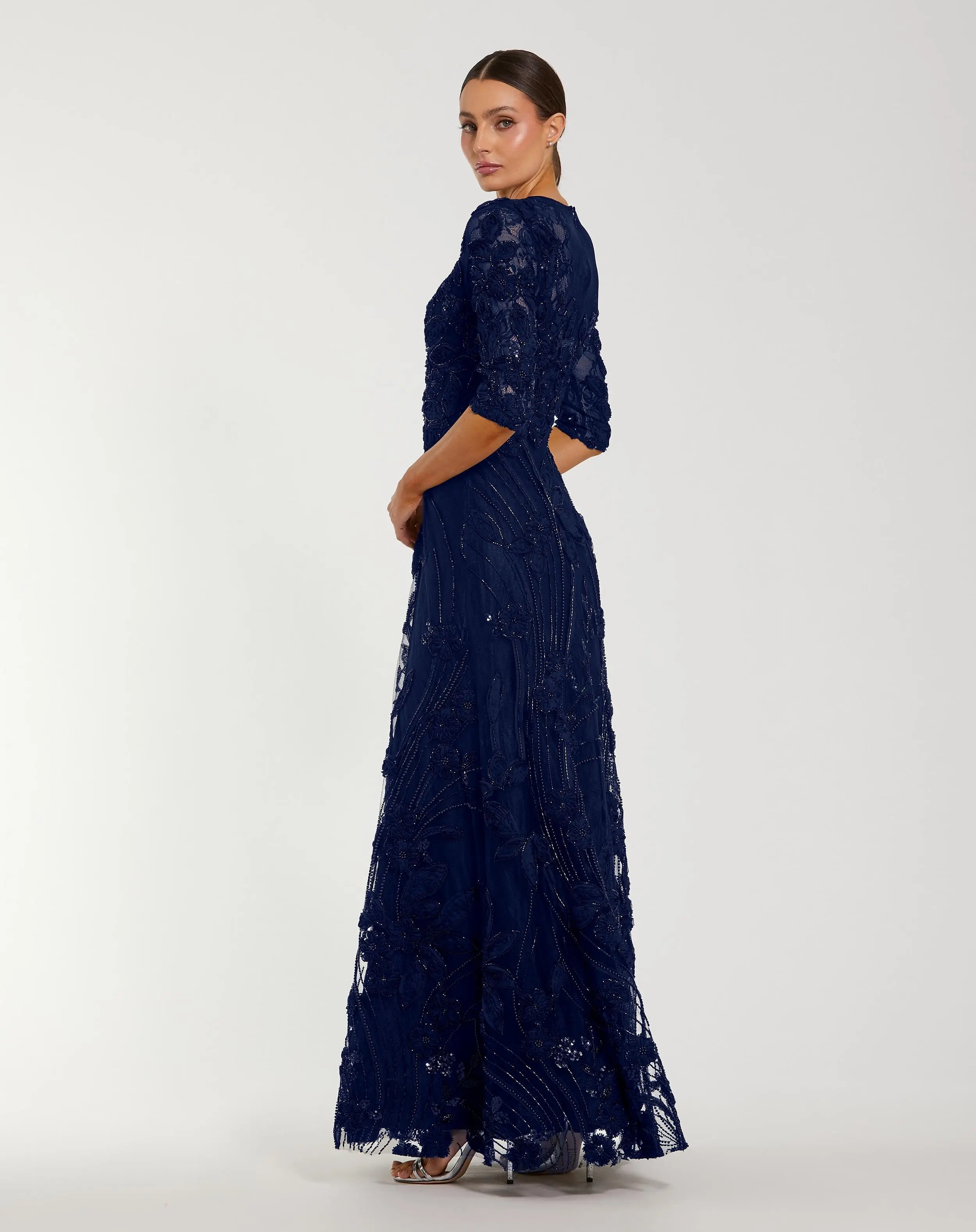 Navy High Neck Embellished Lace Gown with 3/4 Sleeves-Myartka
