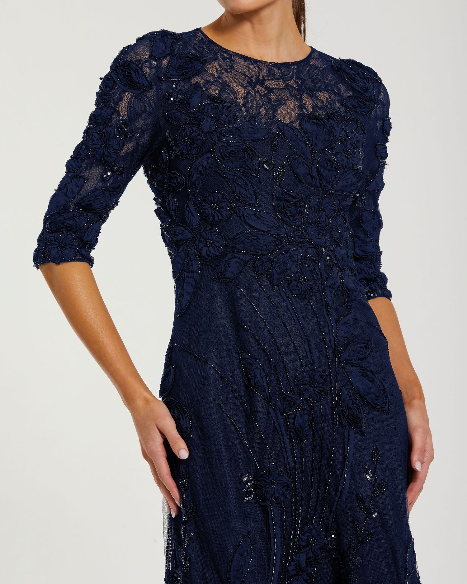 Navy High Neck Embellished Lace Gown with 3/4 Sleeves-Myartka