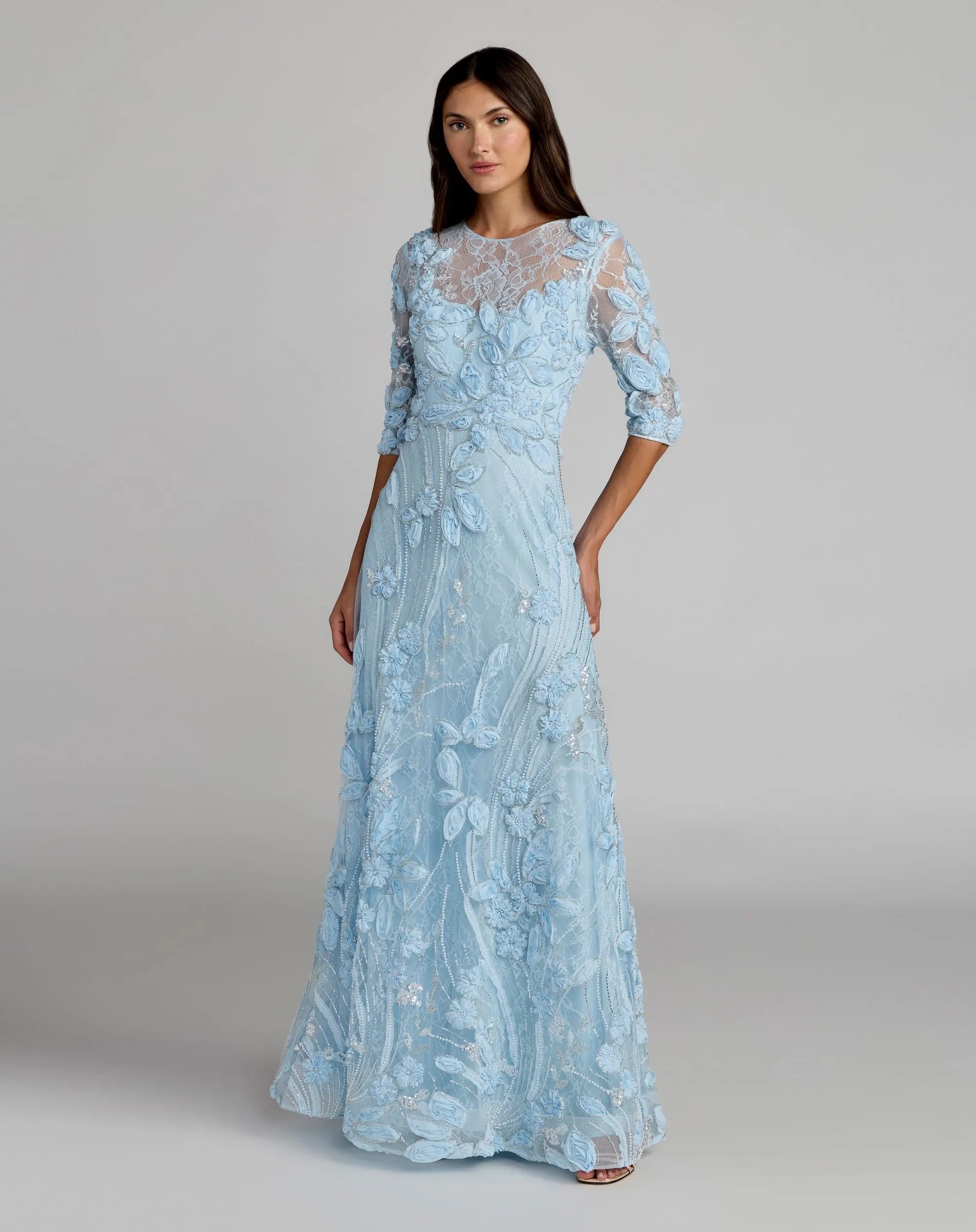 Blue High Neck Embellished Lace Gown with 3/4 Sleeves-Myartka