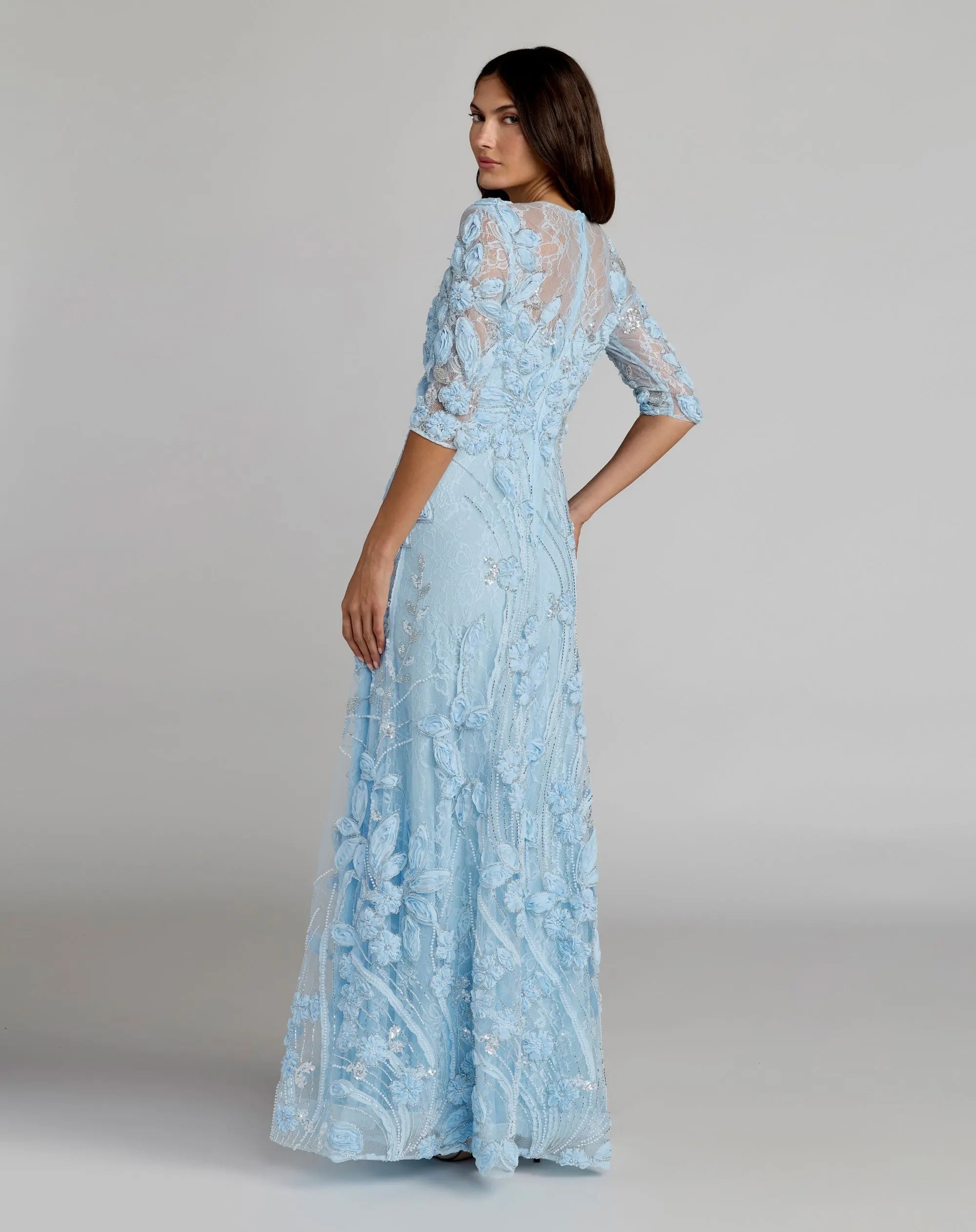 Blue High Neck Embellished Lace Gown with 3/4 Sleeves-Myartka
