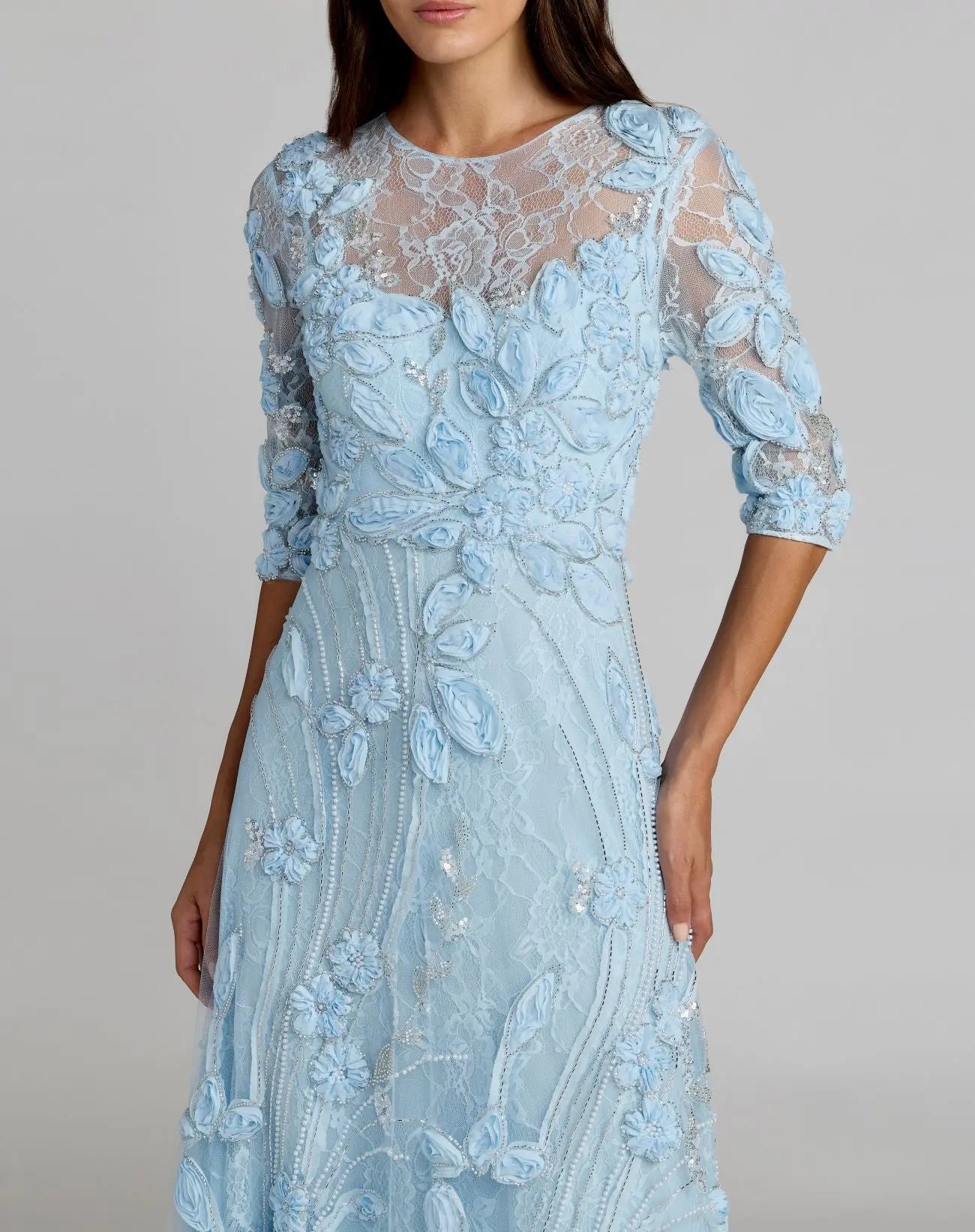 Blue High Neck Embellished Lace Gown with 3/4 Sleeves-Myartka