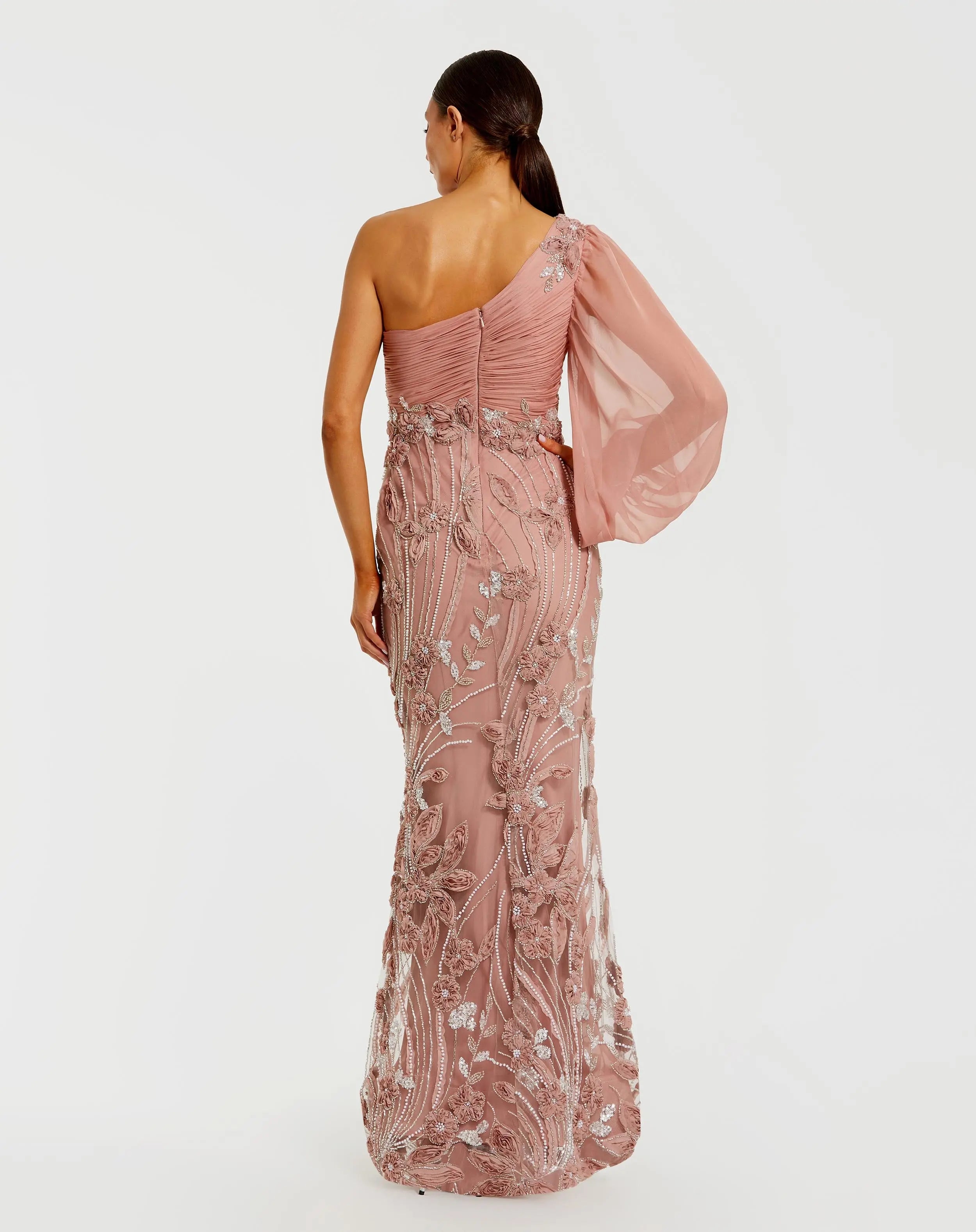 Pink One Sleeve Chiffon Embellished Gown-Myartka